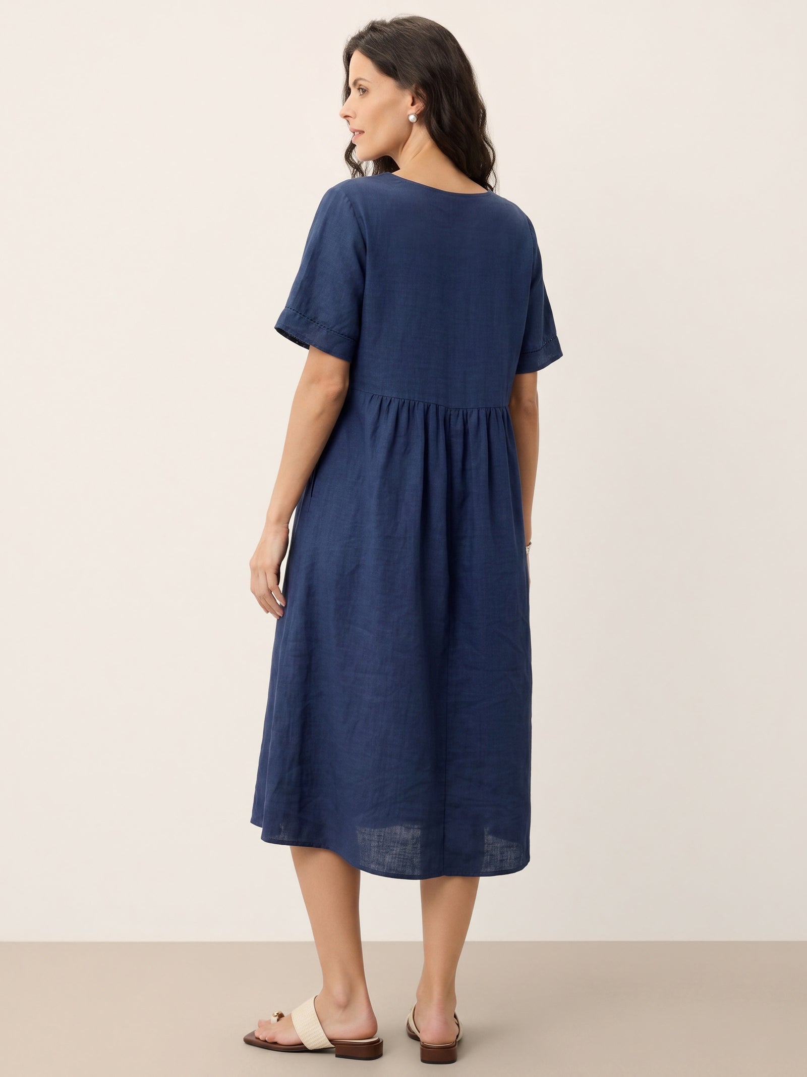 100% Linen Embroidered Cuff Split Neck Midi Dress OCTAVIA by LINTICO