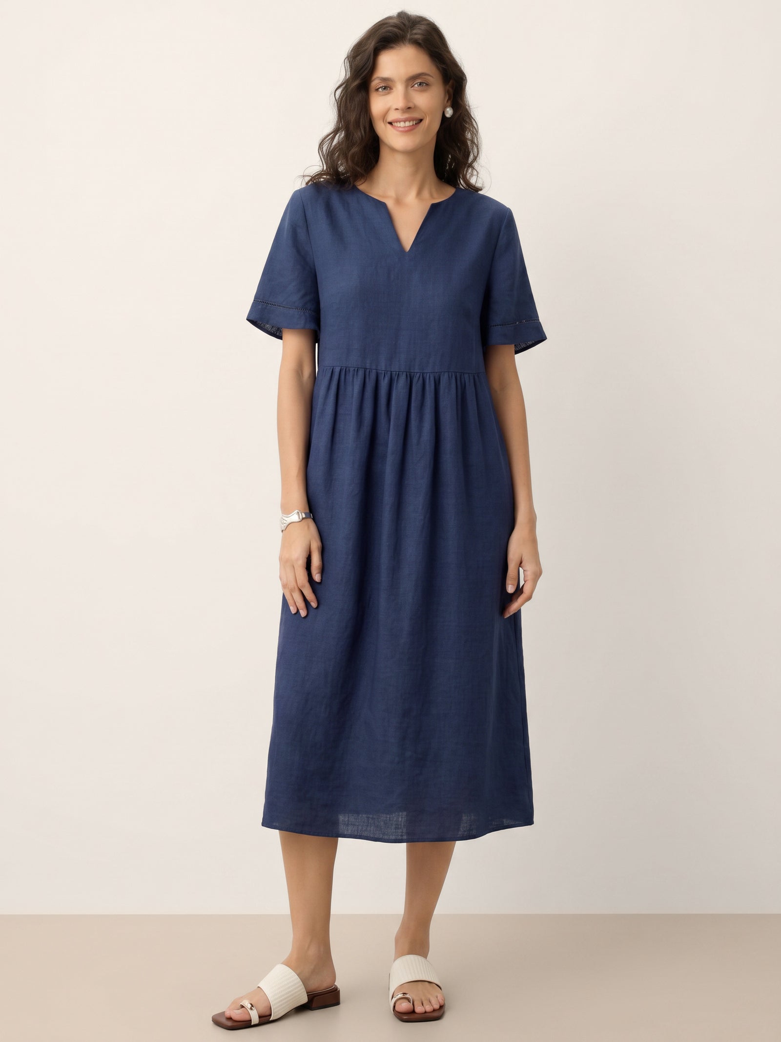 100% Linen Embroidered Cuff Split Neck Midi Dress OCTAVIA by LINTICO