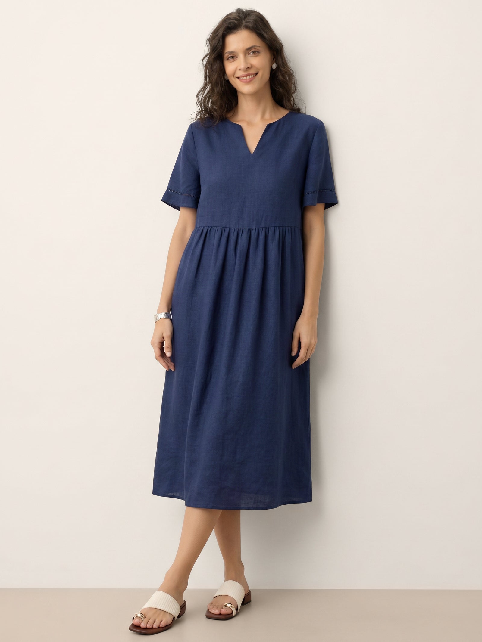 100% Linen Embroidered Cuff Split Neck Midi Dress OCTAVIA by LINTICO