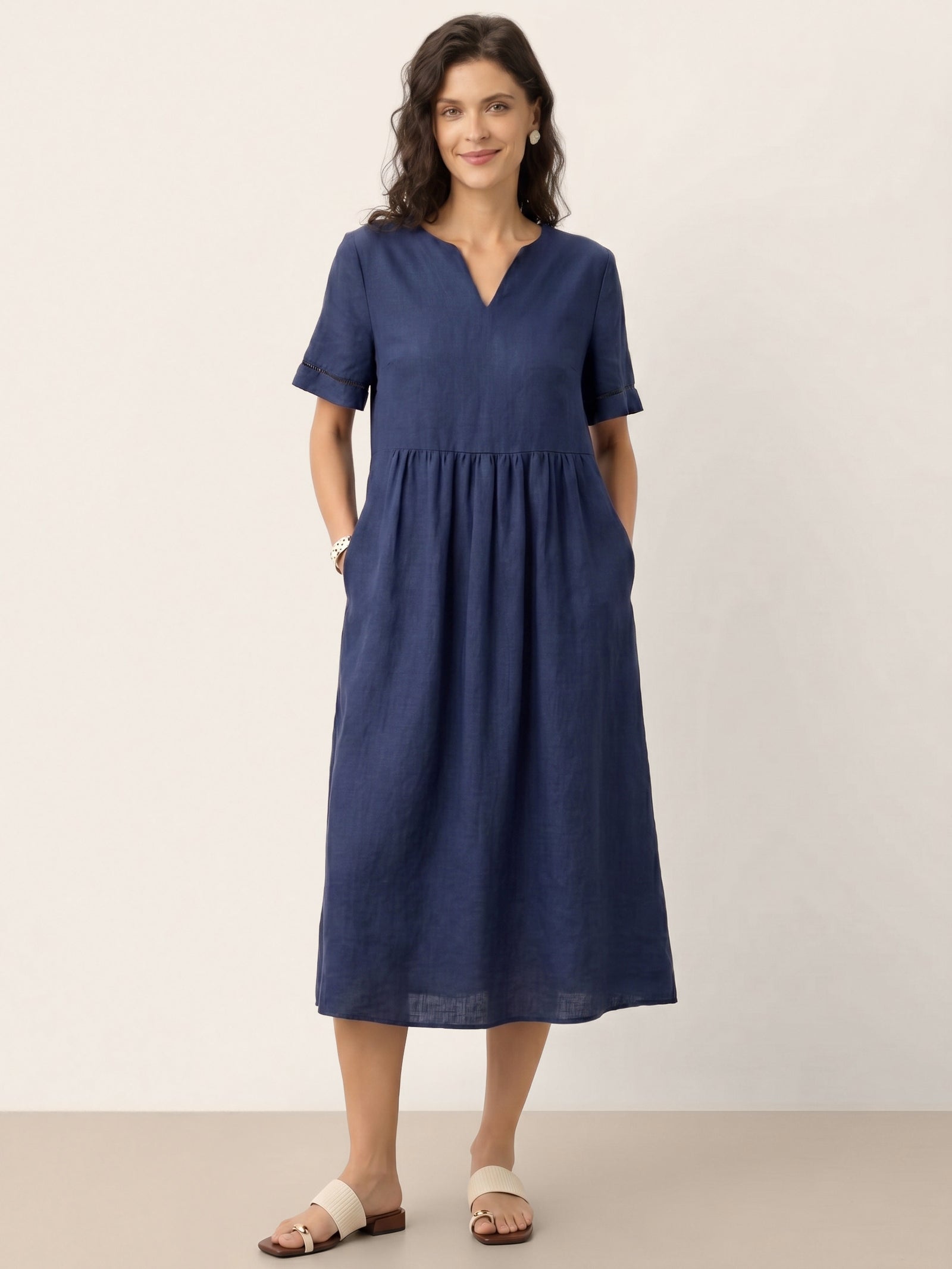 100% Linen Embroidered Cuff Split Neck Midi Dress OCTAVIA by LINTICO