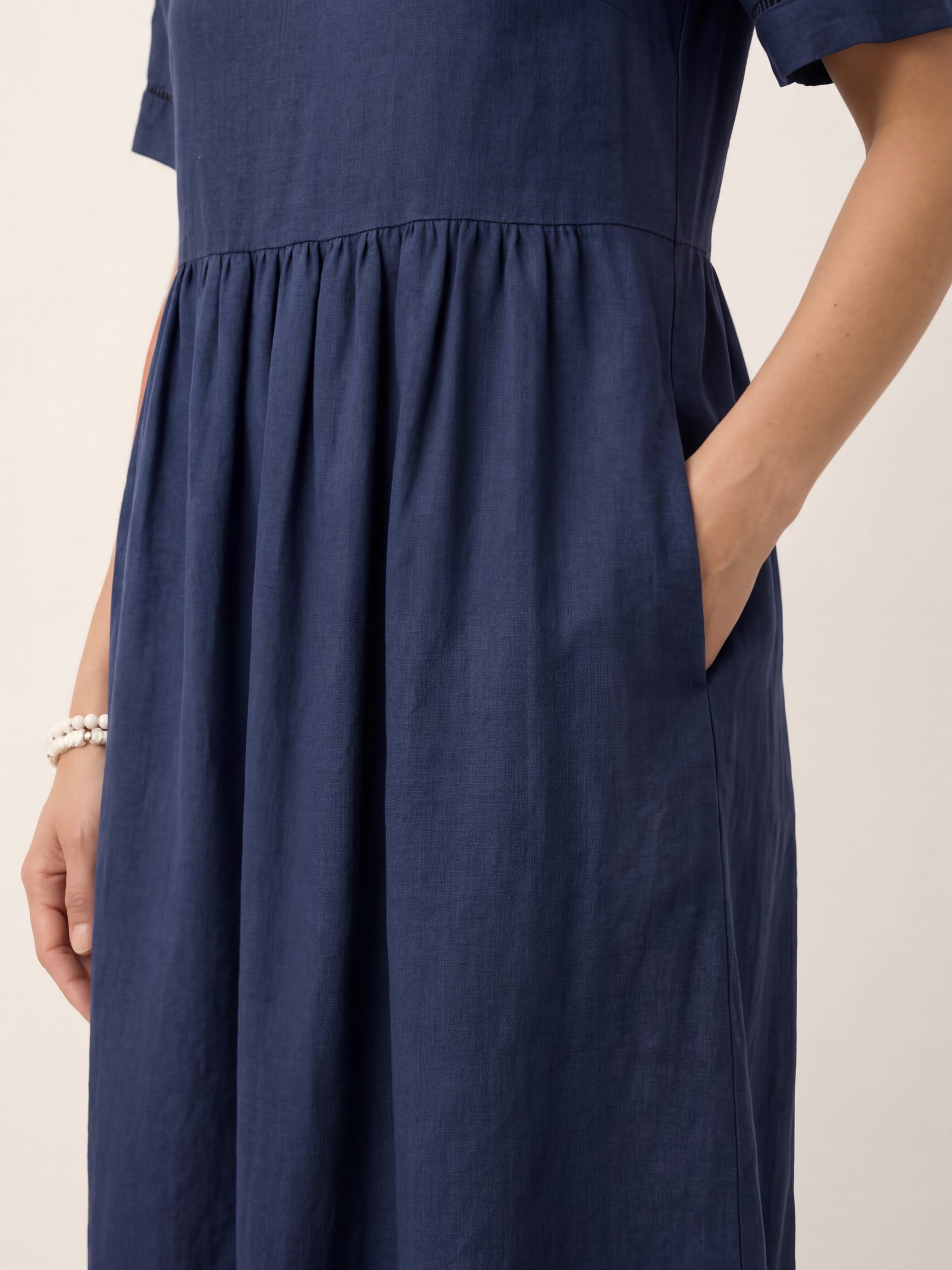 100% Linen Embroidered Cuff Split Neck Midi Dress OCTAVIA by LINTICO