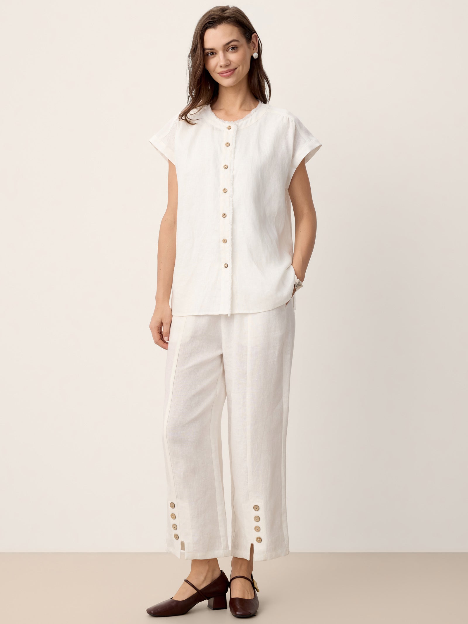 100% Linen Frayed-Trim Drop-Shoulder Top INDIRA by LINTICO