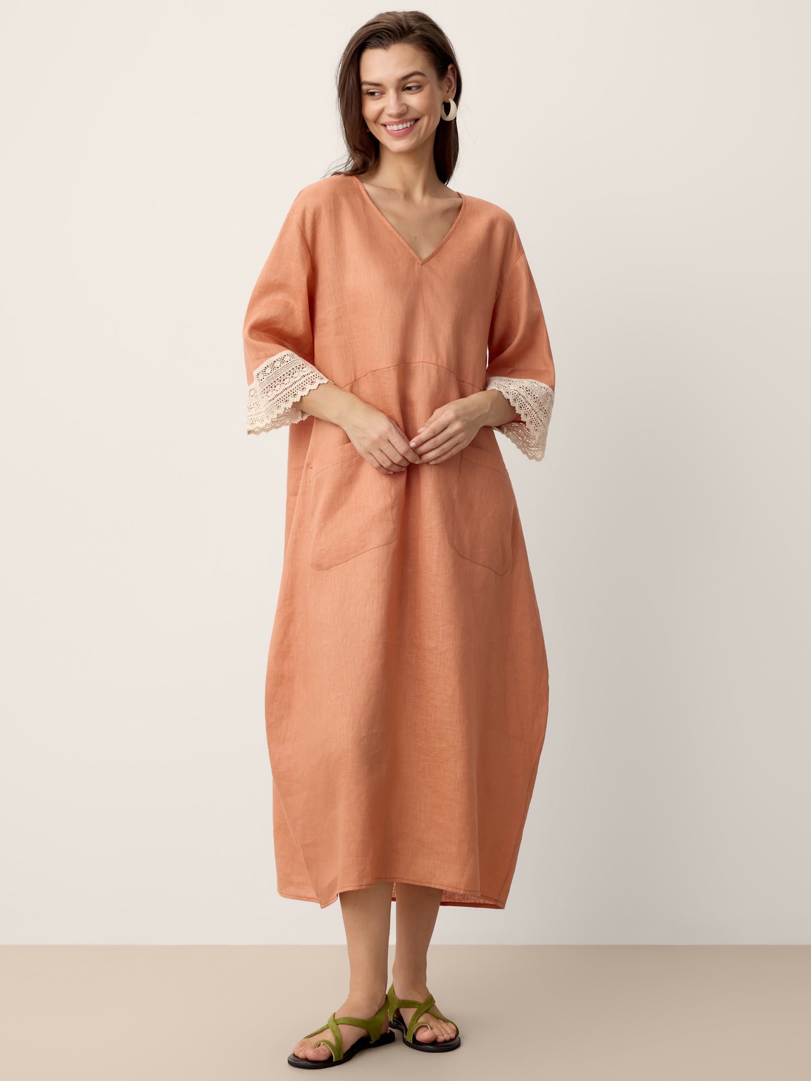 100% Linen Lace-Cuff Cocoon Midi Dress PETRA by LINTICO