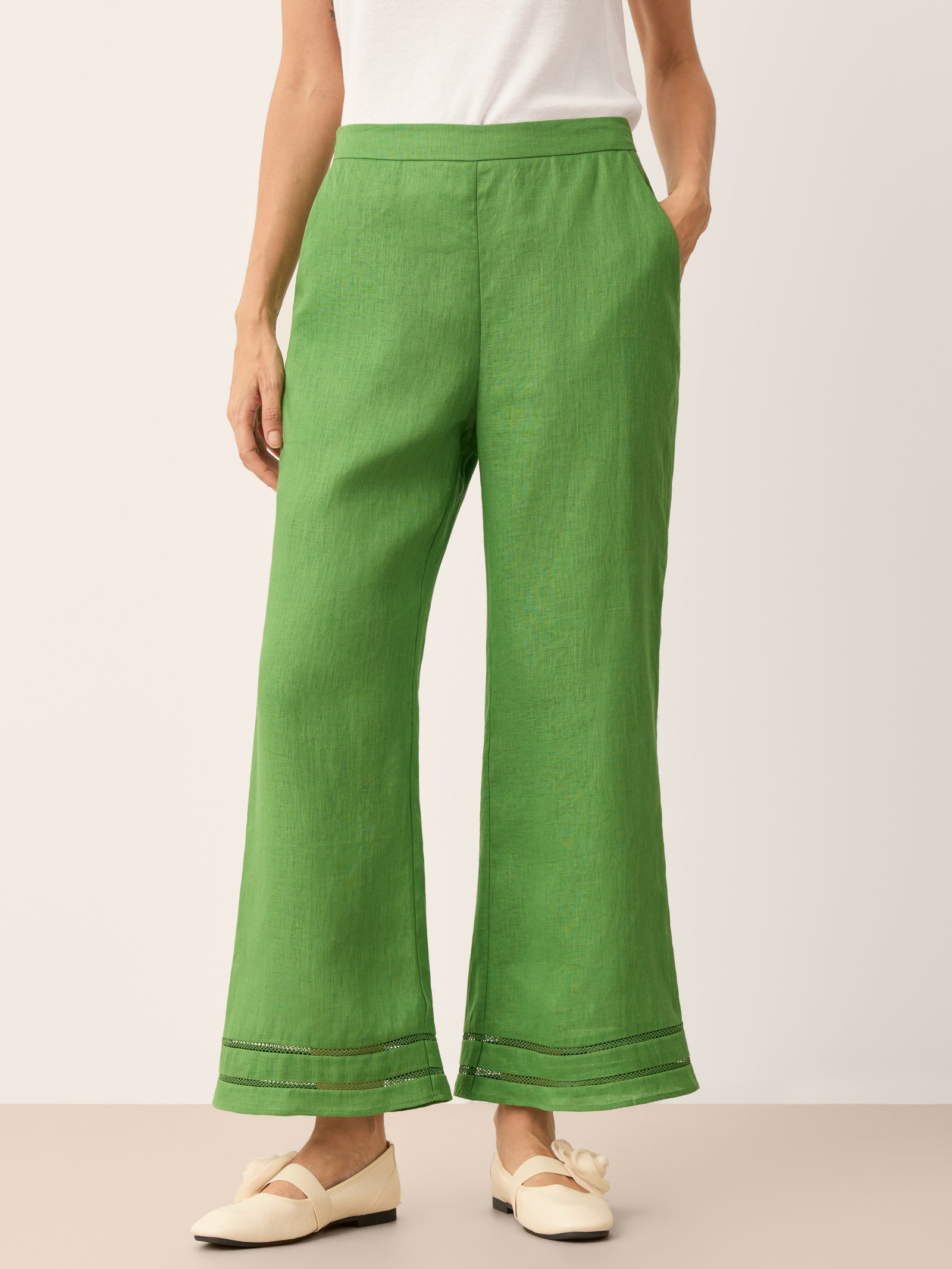 100% Linen Lace Trim Elasticated Waist Cropped Flare Pants NERINA by LINTICO