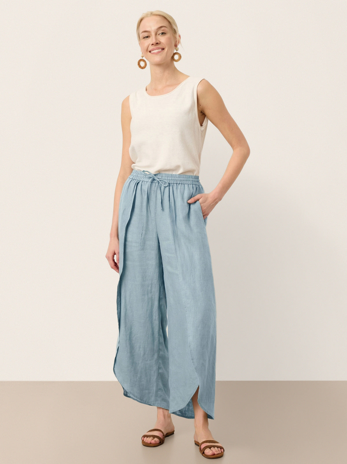 100% Linen Layered Slit Wide-Leg Drawstring Pants PEREGRINE by LINTICO