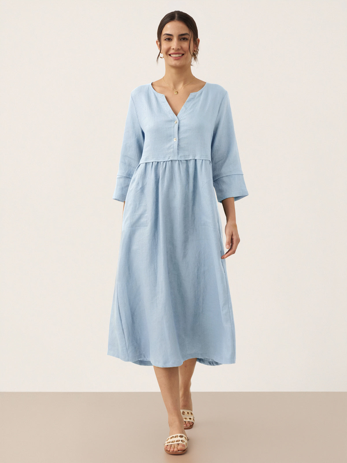 100% Linen Loose Fit Button Waist Gathered Midi Dress LUNA by LINTICO