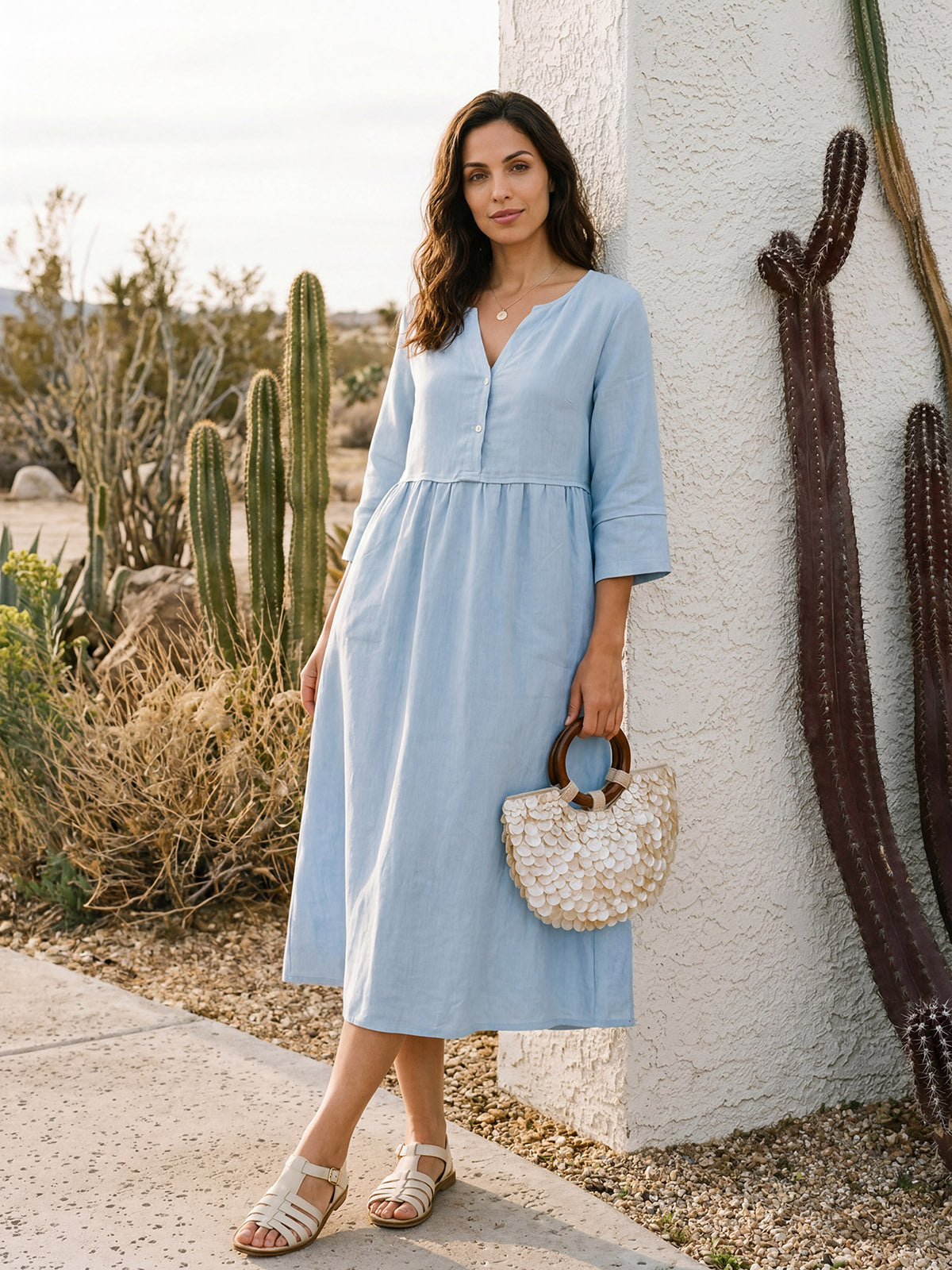 100% Linen Loose Fit Button Waist Gathered Midi Dress LUNA by LINTICO