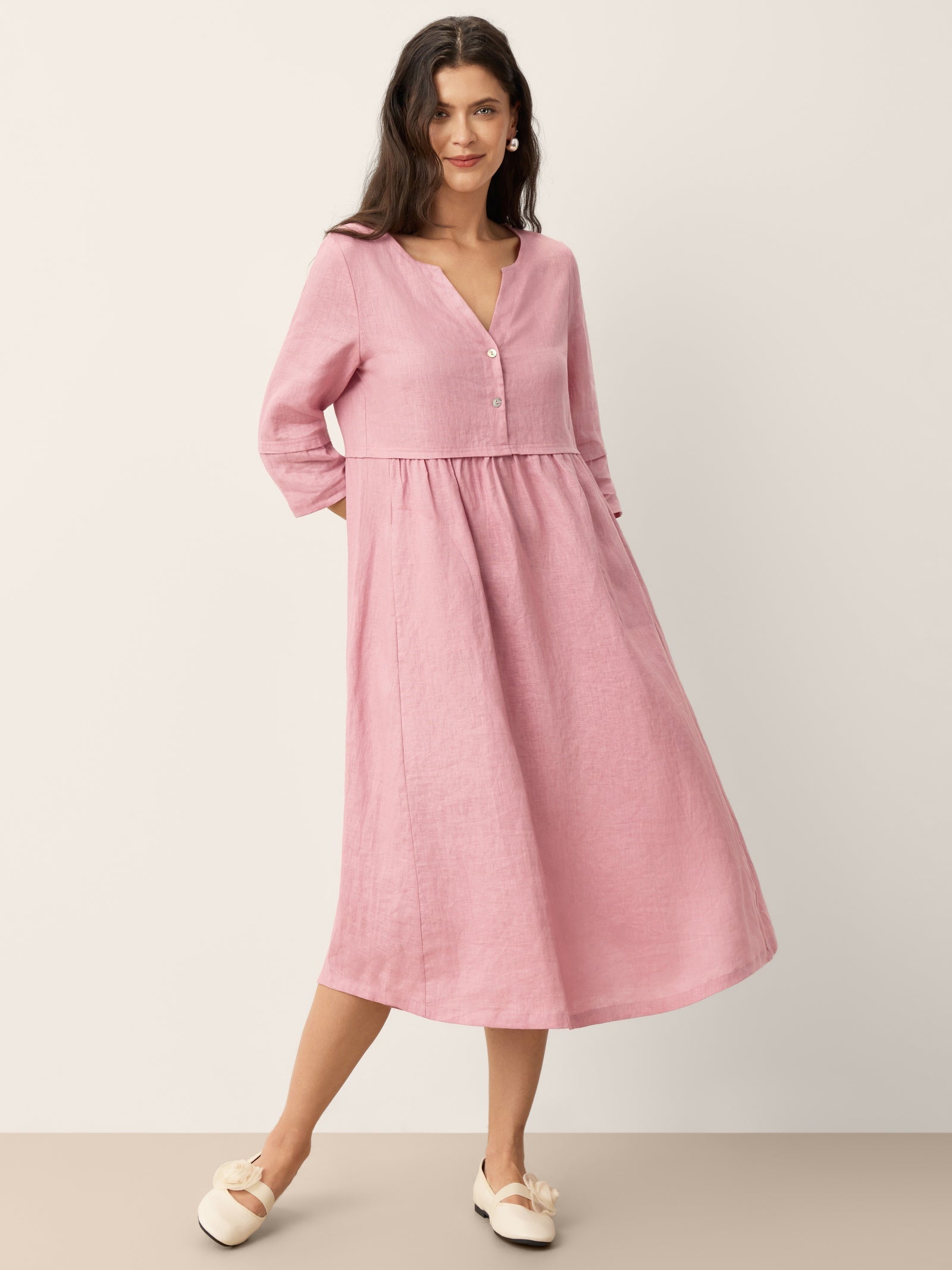 100% Linen Loose Fit Button Waist Gathered Midi Dress LUNA by LINTICO
