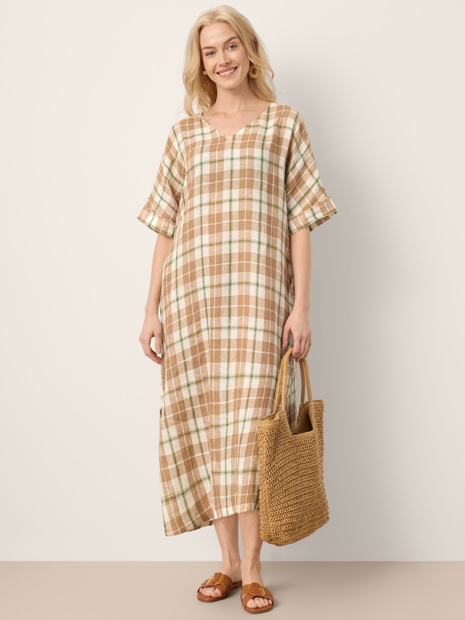 100% Linen Plaid Deep V-Neck Drop Shoulder Side Slit Midi Dress LESLIE by LINTICO
