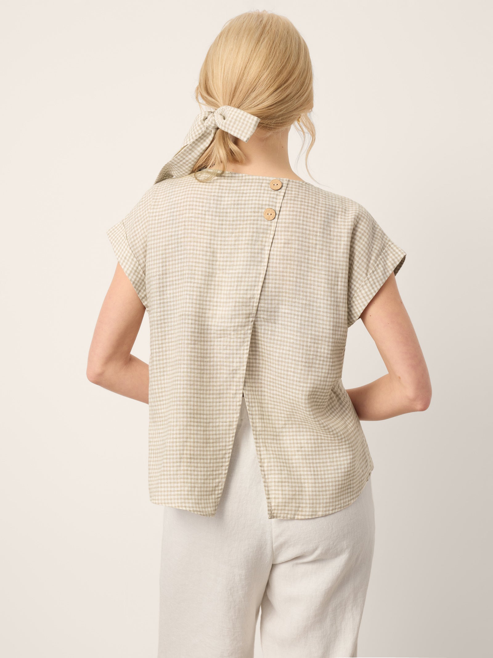 100% Linen Plaid Detachable Tie-Belt Split-Neck Top LEXIE by LINTICO