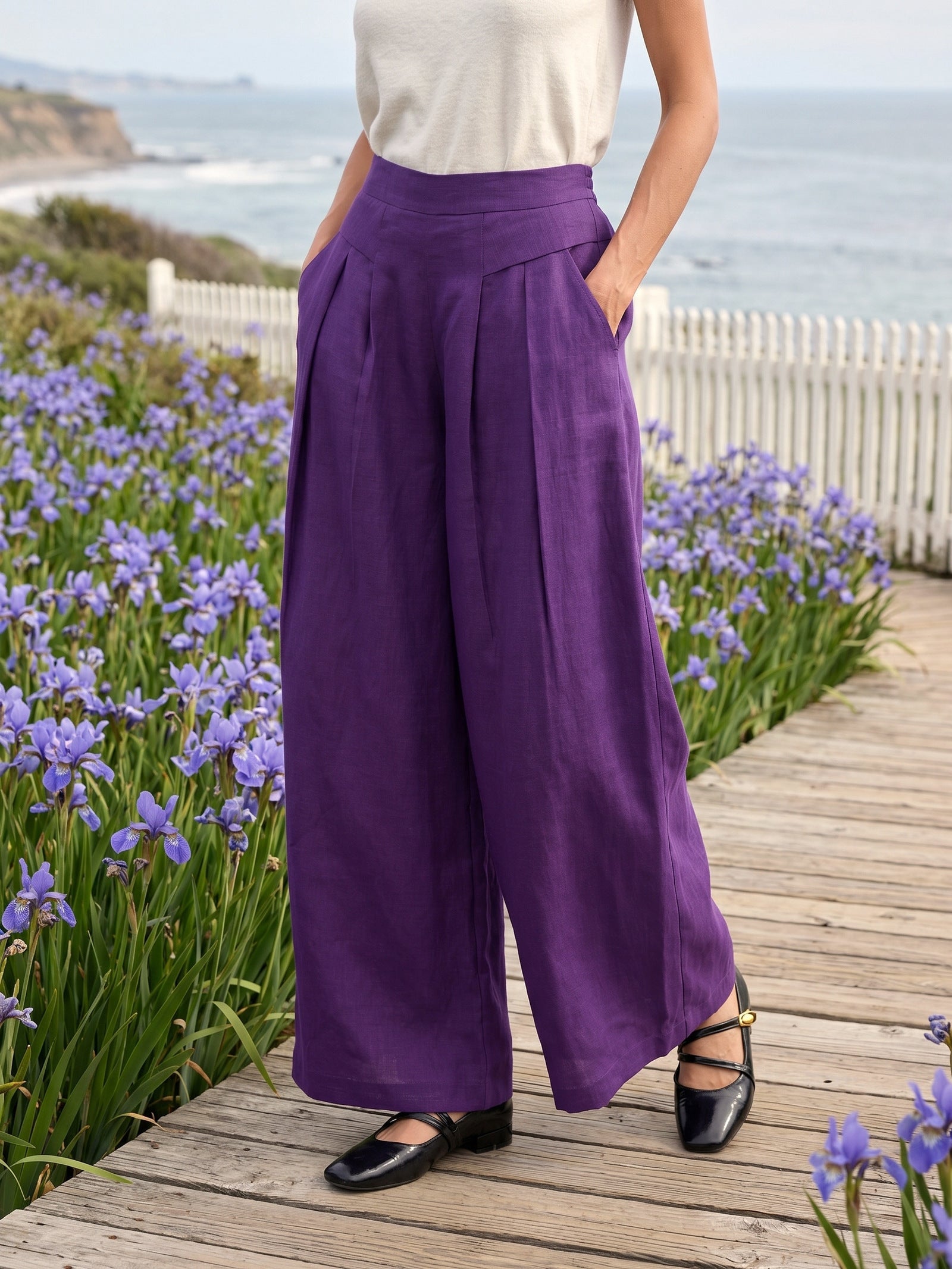 100% Linen Pleated Waist Wide Leg Pants LOUISA by LINTICO