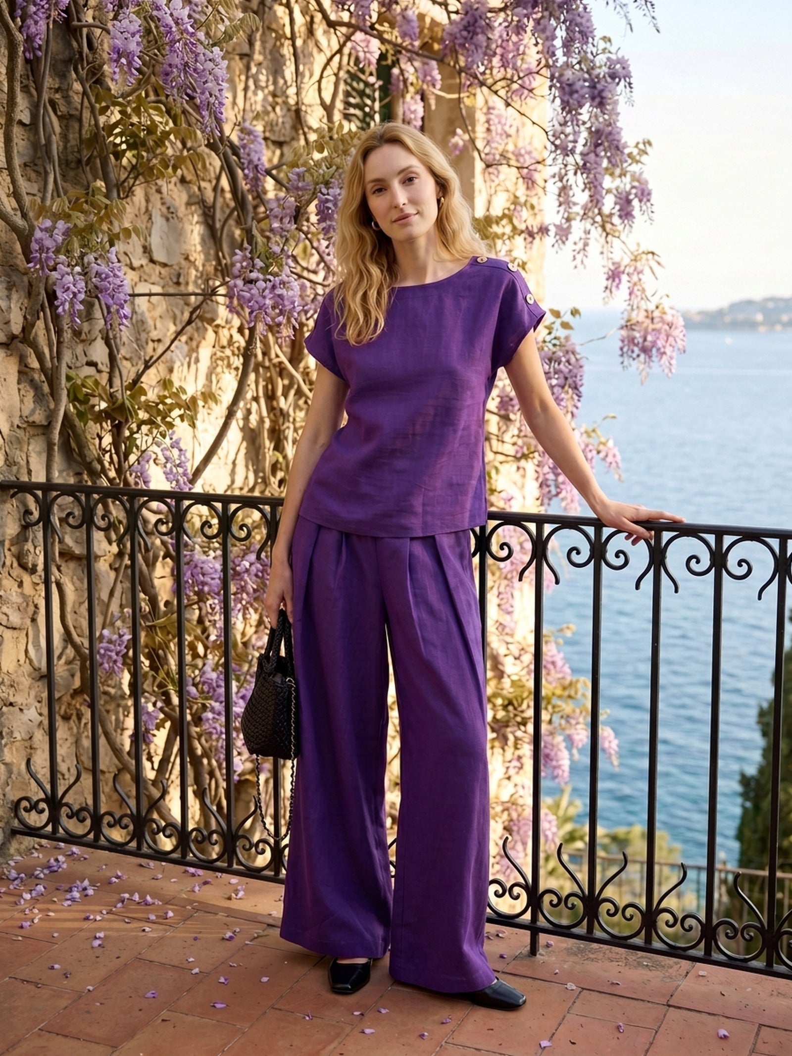 100% Linen Pleated Waist Wide Leg Pants LOUISA by LINTICO
