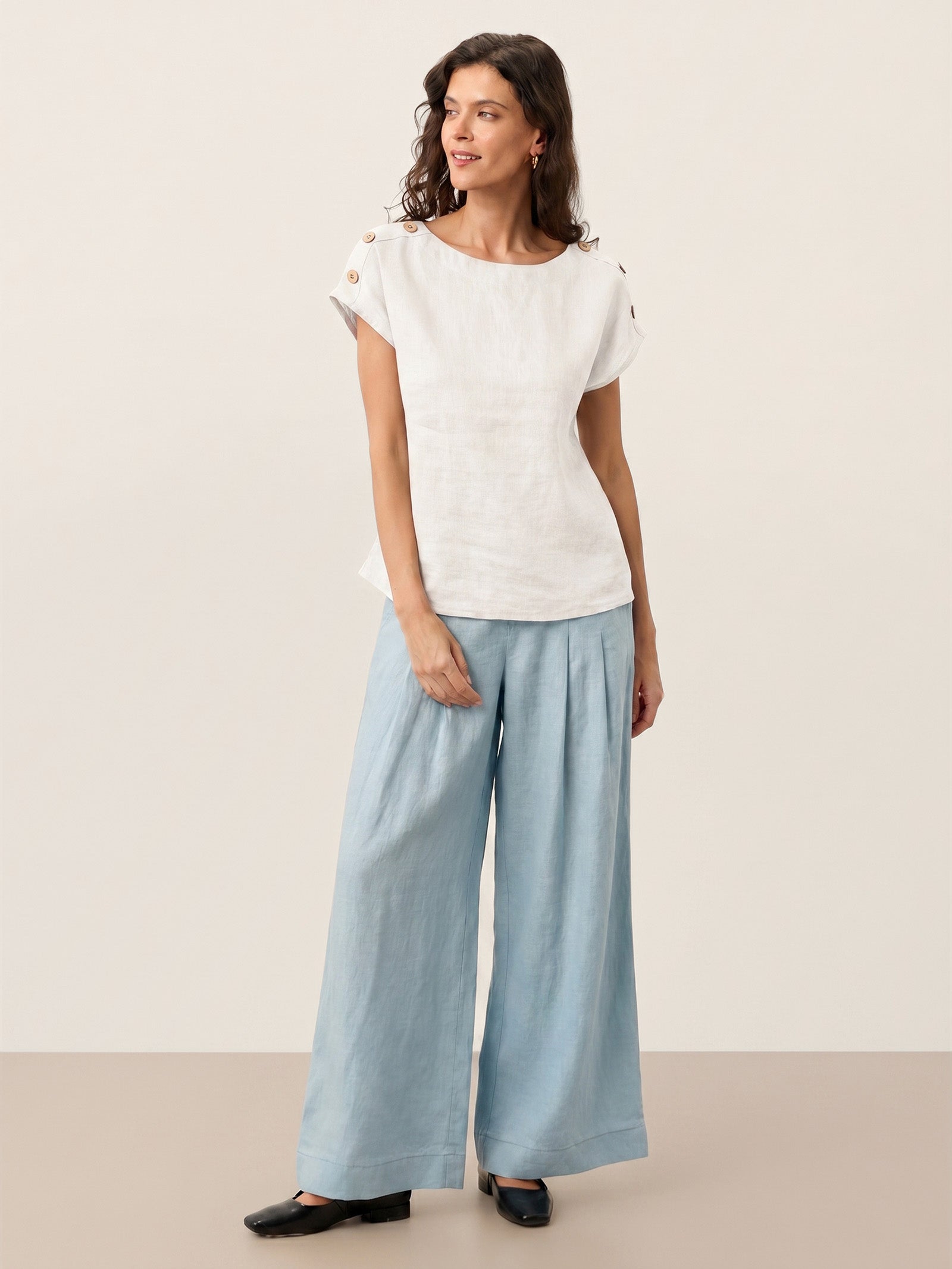 100% Linen Round Neck Button Detail Top ISABELLE by LINTICO