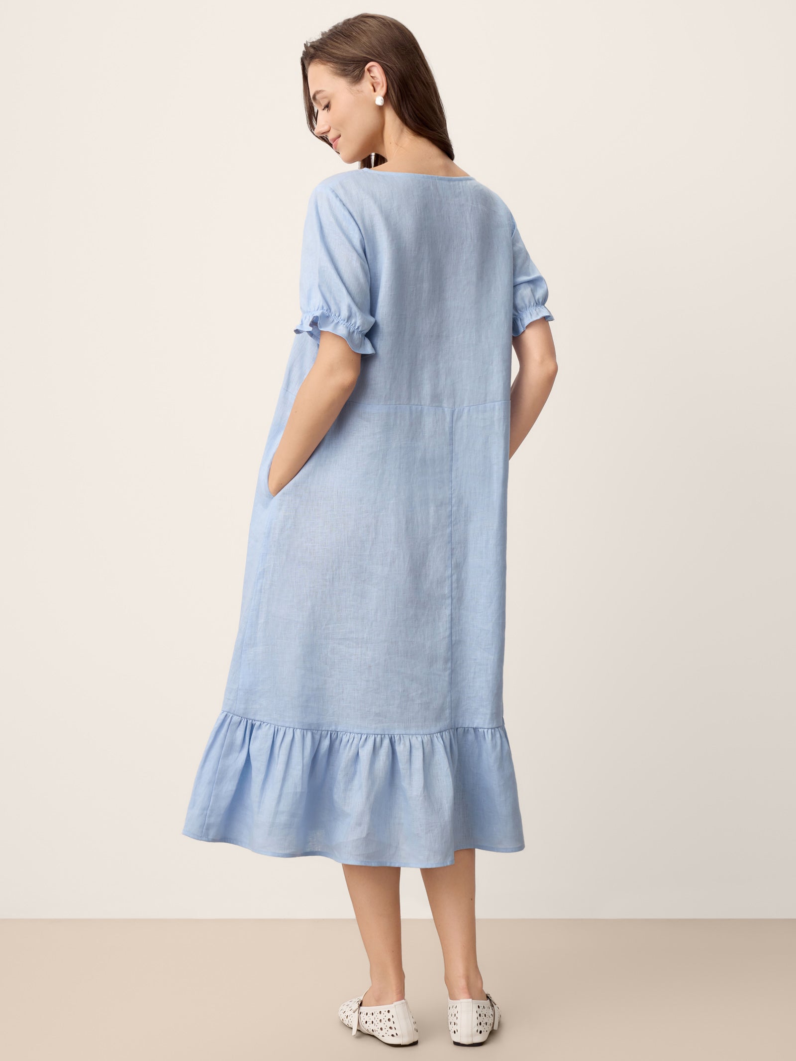 100% Linen Ruffle-Trim Belted Midi Dress LIVARA by LINTICO
