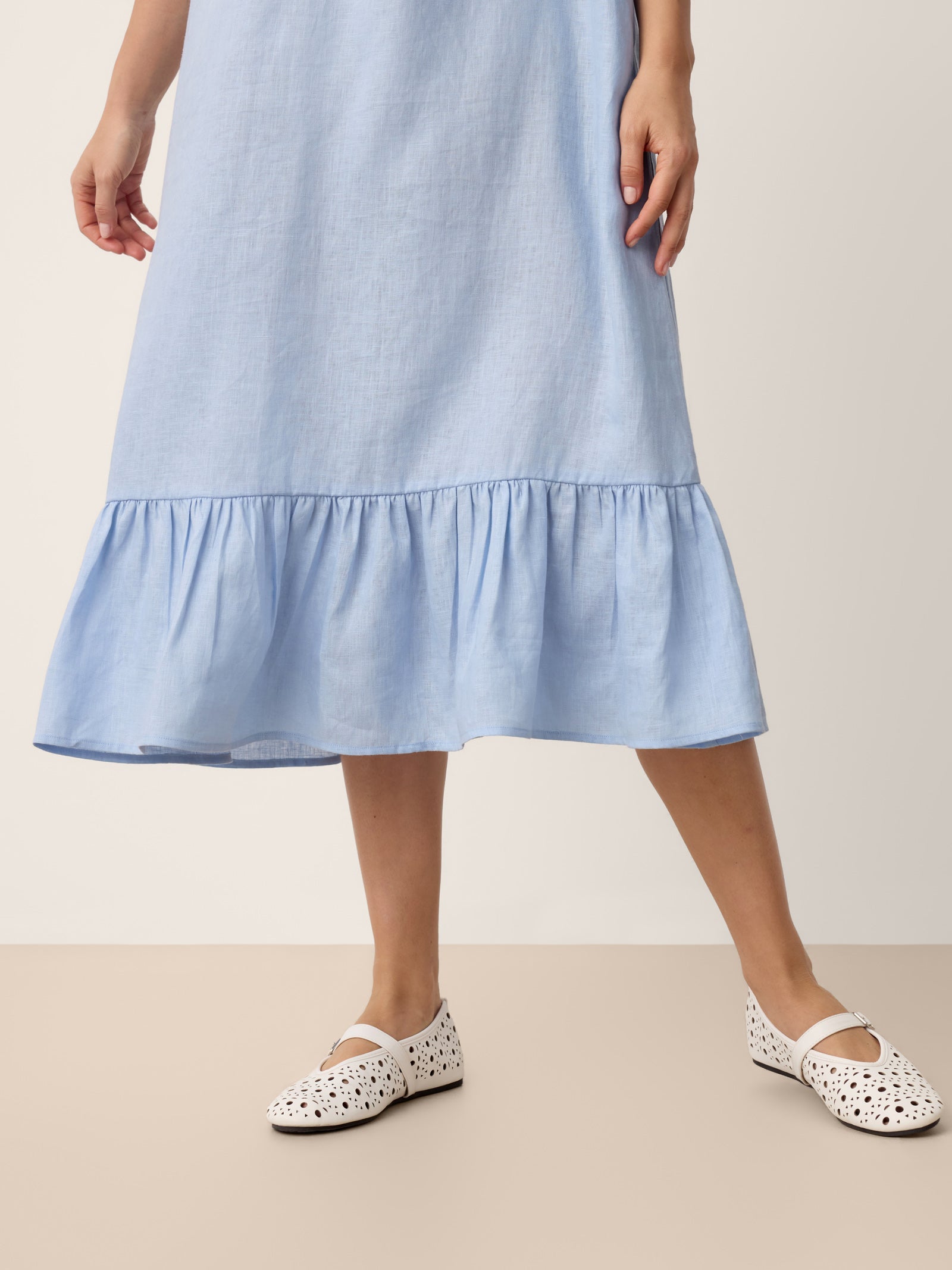 100% Linen Ruffle-Trim Belted Midi Dress LIVARA by LINTICO