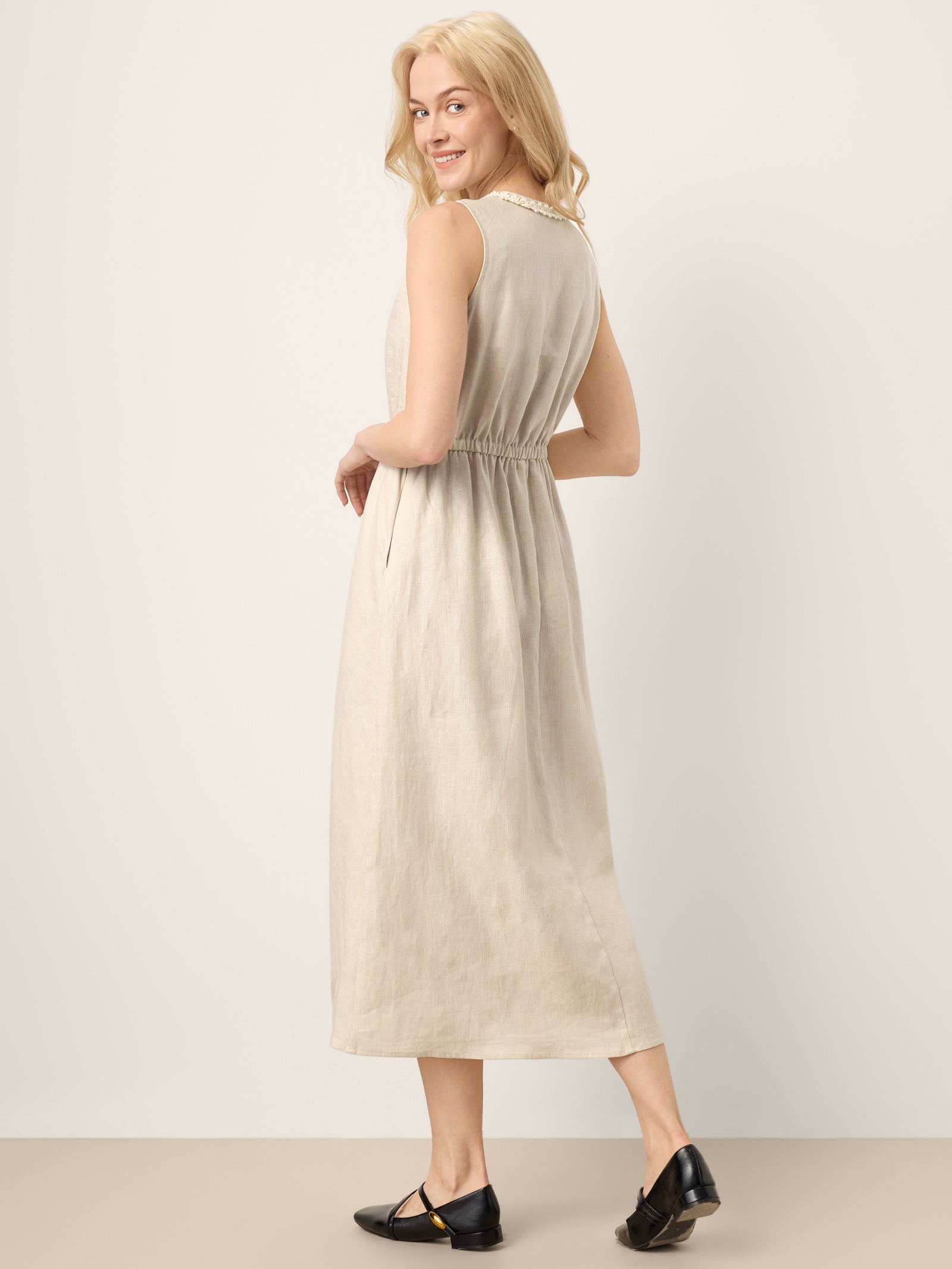 100% Linen Ruffle Trim Elasticated Waist Sleeveless Midi Dress LUCINDA by LINTICO