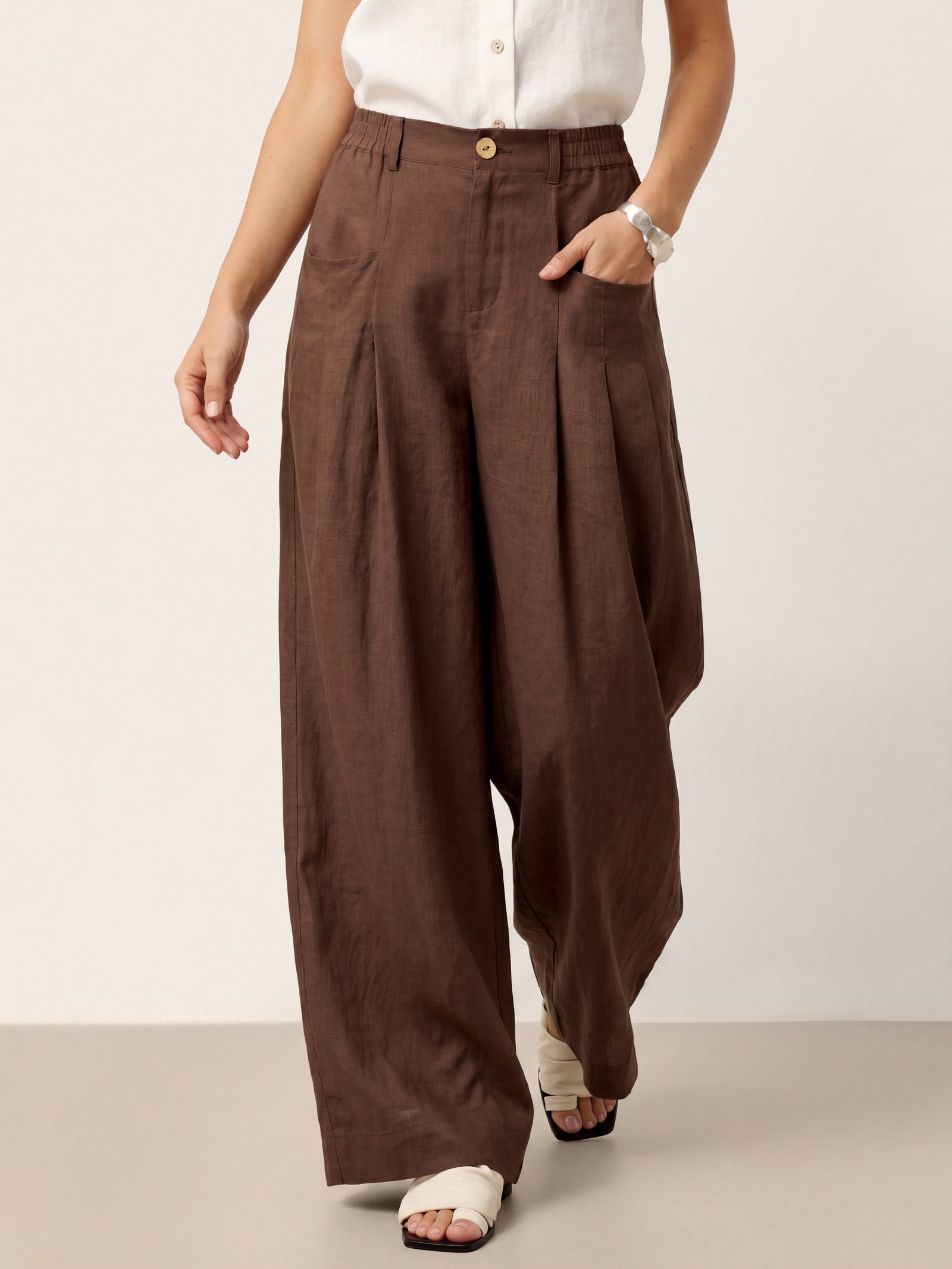 100% Linen Sculpted Pleat Elasticated Back Relaxed Pants VERIDIANA by LINTICO