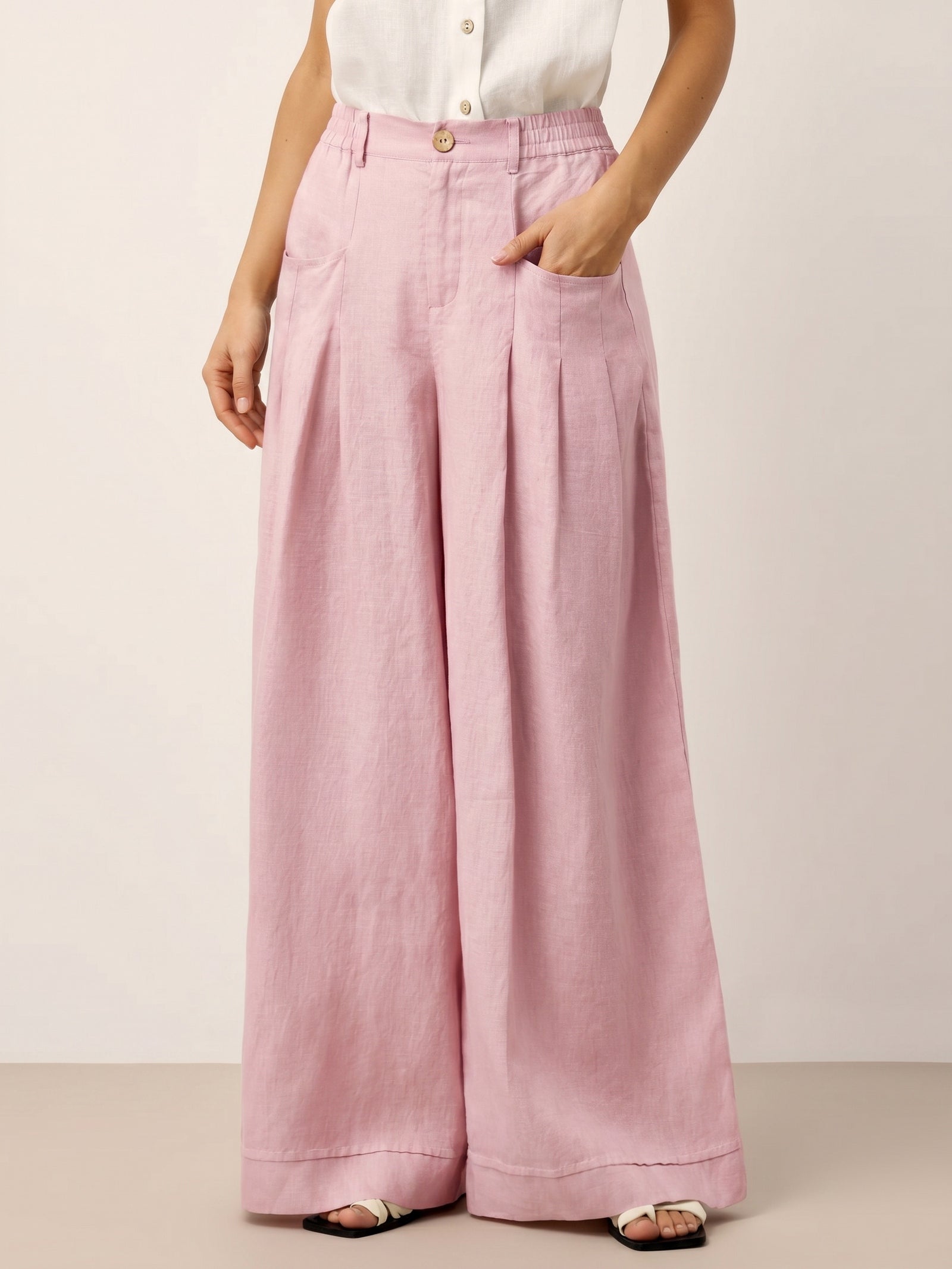 100% Linen Sculpted Pleat Elasticated Back Relaxed Pants VERIDIANA by LINTICO