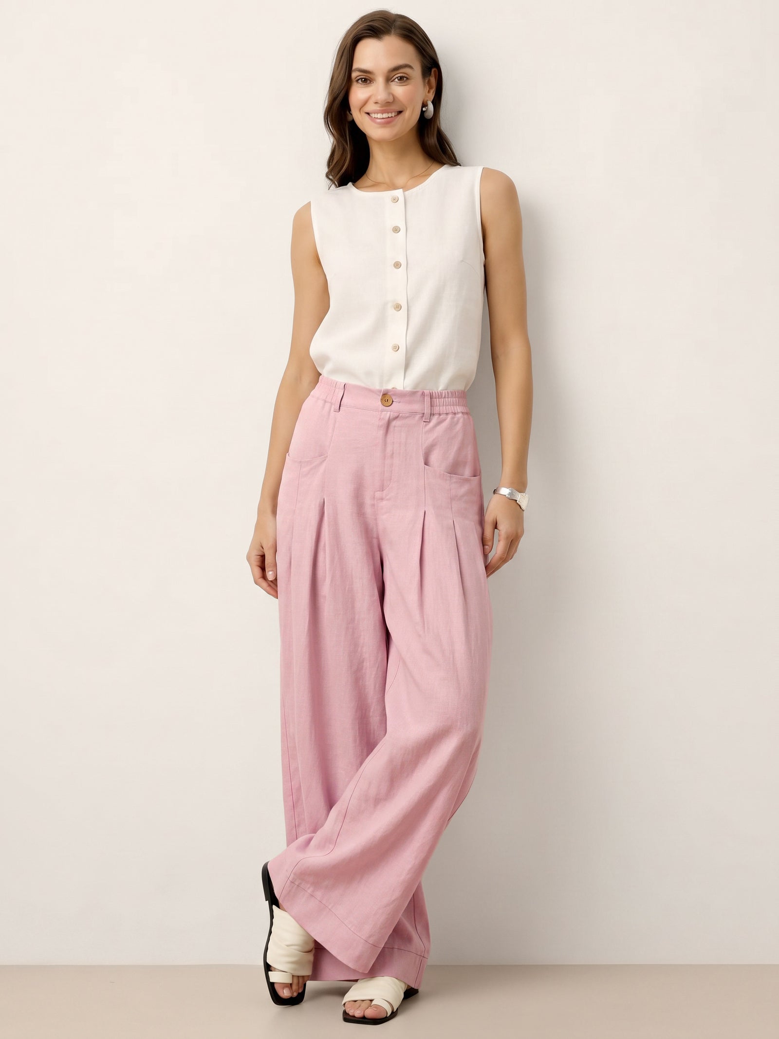 100% Linen Sculpted Pleat Elasticated Back Relaxed Pants VERIDIANA by LINTICO
