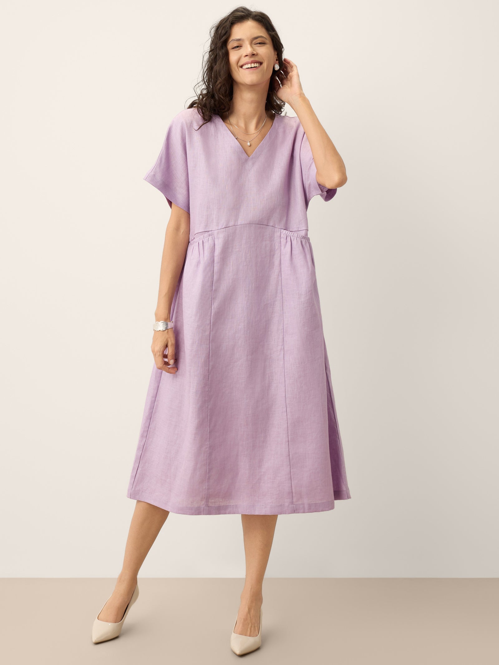 100% Linen Sculpted Waist Batwing Midi Dress TIVIA by LINTICO
