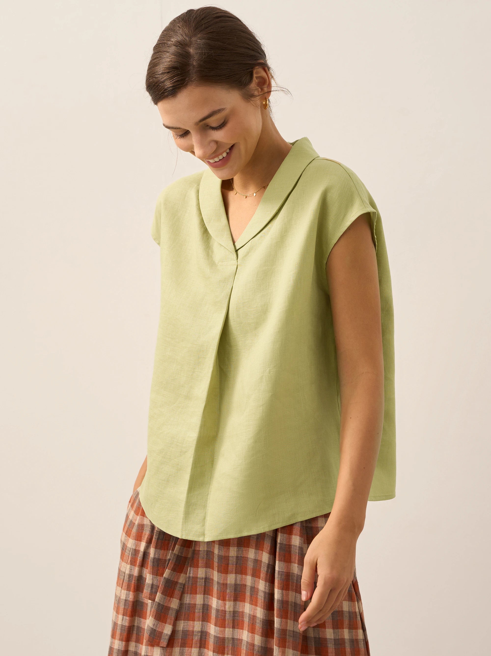 100% Linen Shawl V-Neck Cap Sleeves Top ELARA by LINTICO
