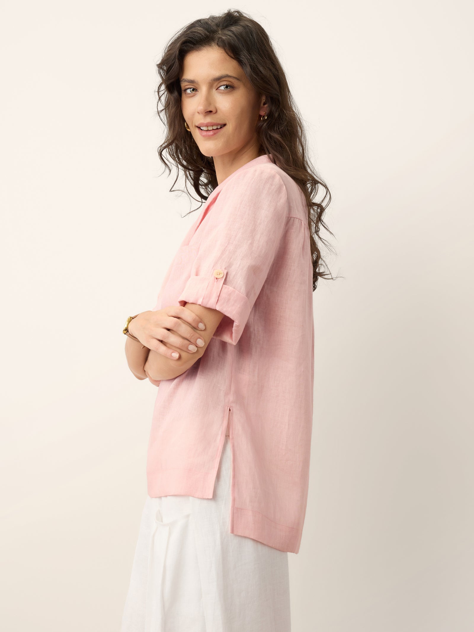 100% Linen Soft Collar Tab Sleeve Top OLGA by LINTICO