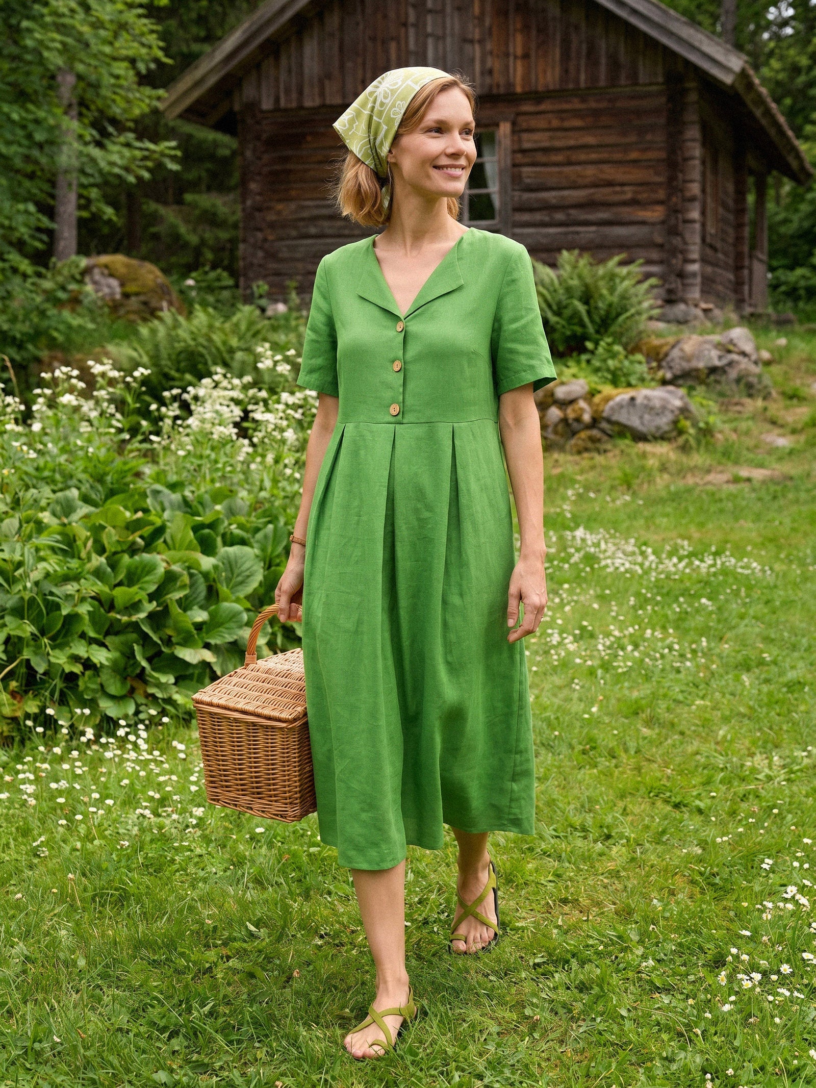 100% Linen Split Neck Button Detail Midi Dress SERAPHINE by LINTICO