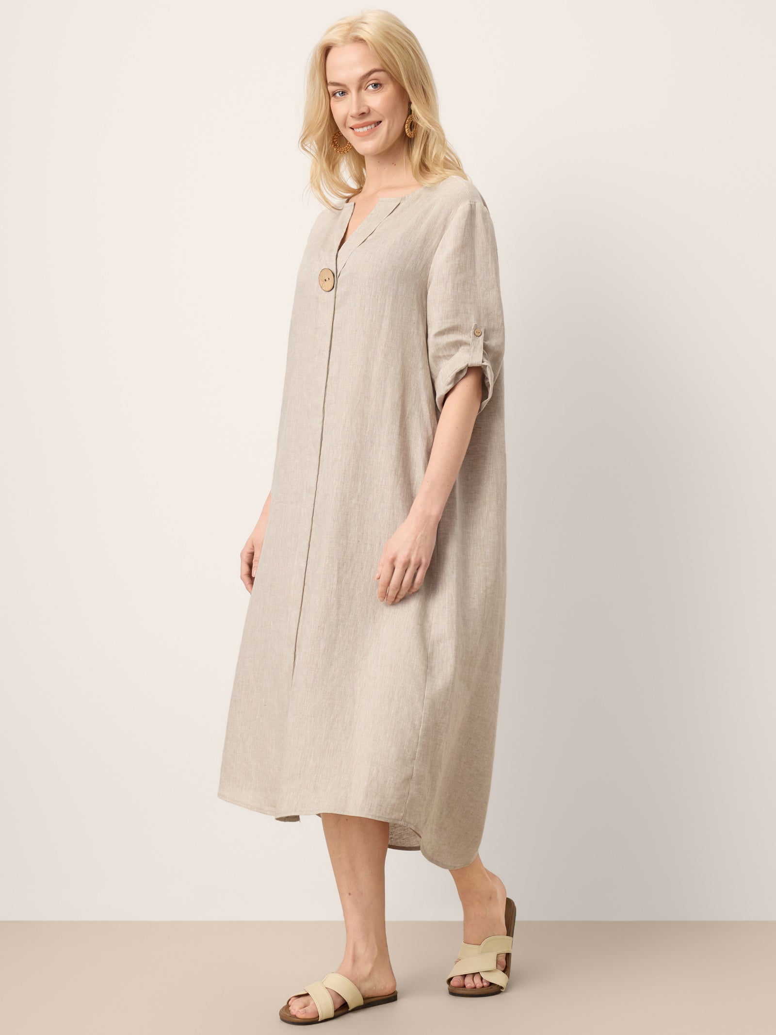 100% Linen Stand Collar V-Slit Tab Sleeve Midi Dress LEORA by LINTICO