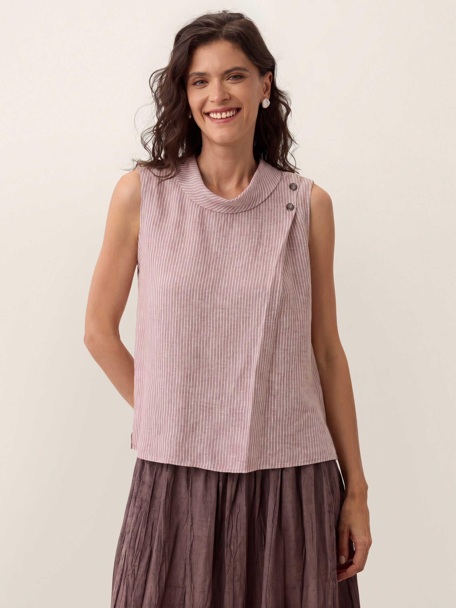 100% Linen Striped Diagonal Pleat Mock Neck Top ESTHER by LINTICO
