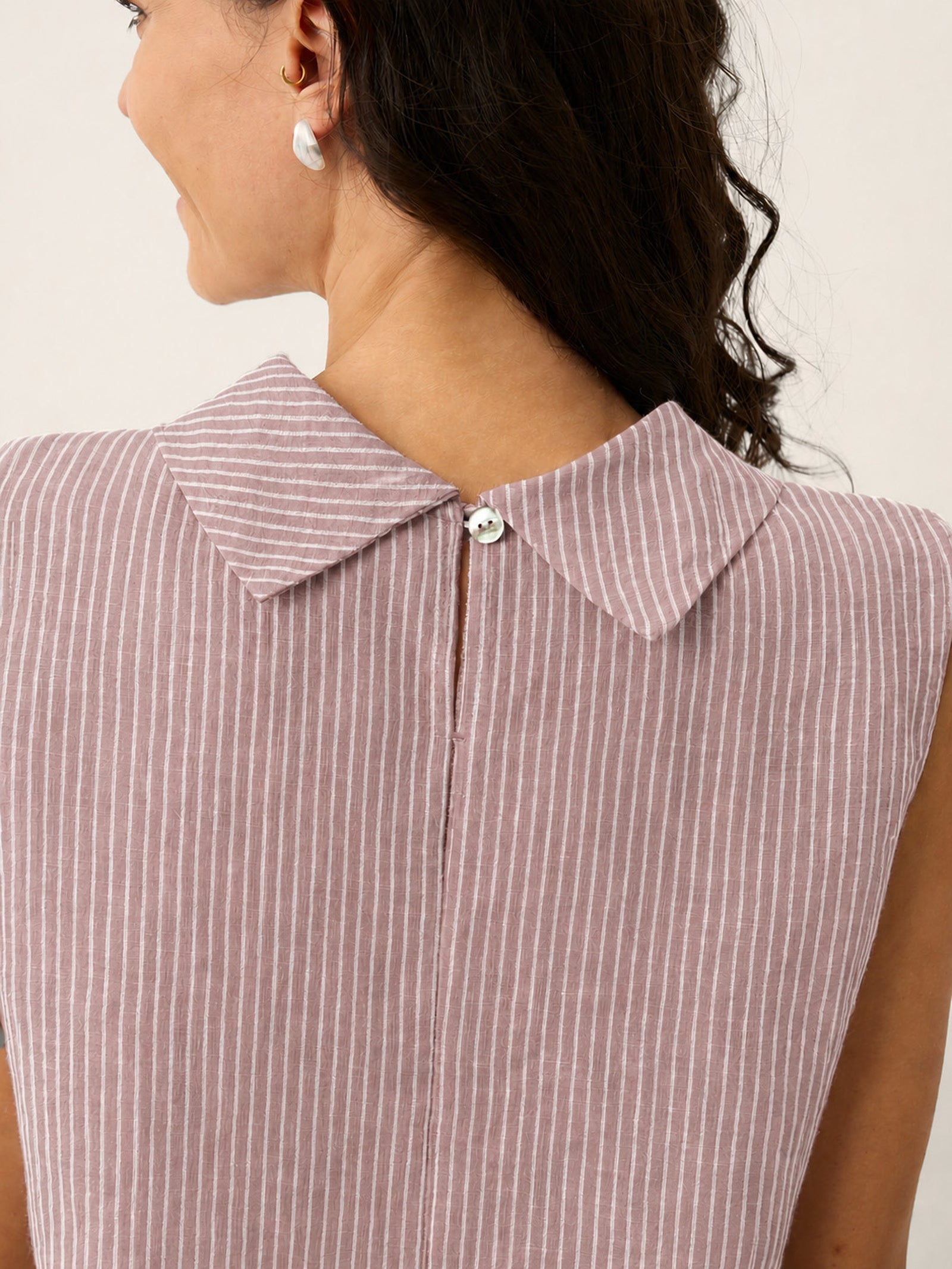 100% Linen Striped Diagonal Pleat Mock Neck Top ESTHER by LINTICO