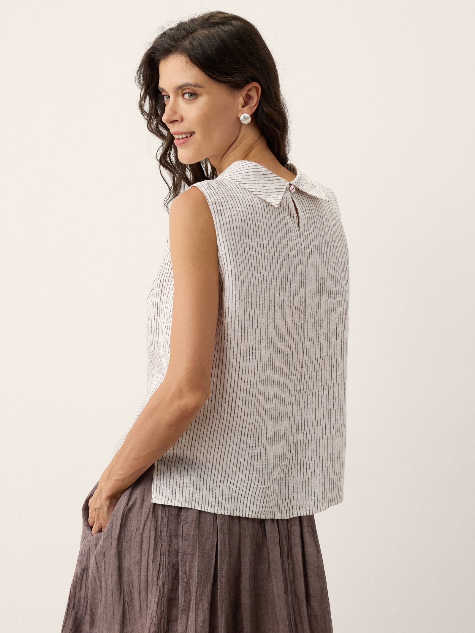 100% Linen Striped Diagonal Pleat Mock Neck Top ESTHER by LINTICO