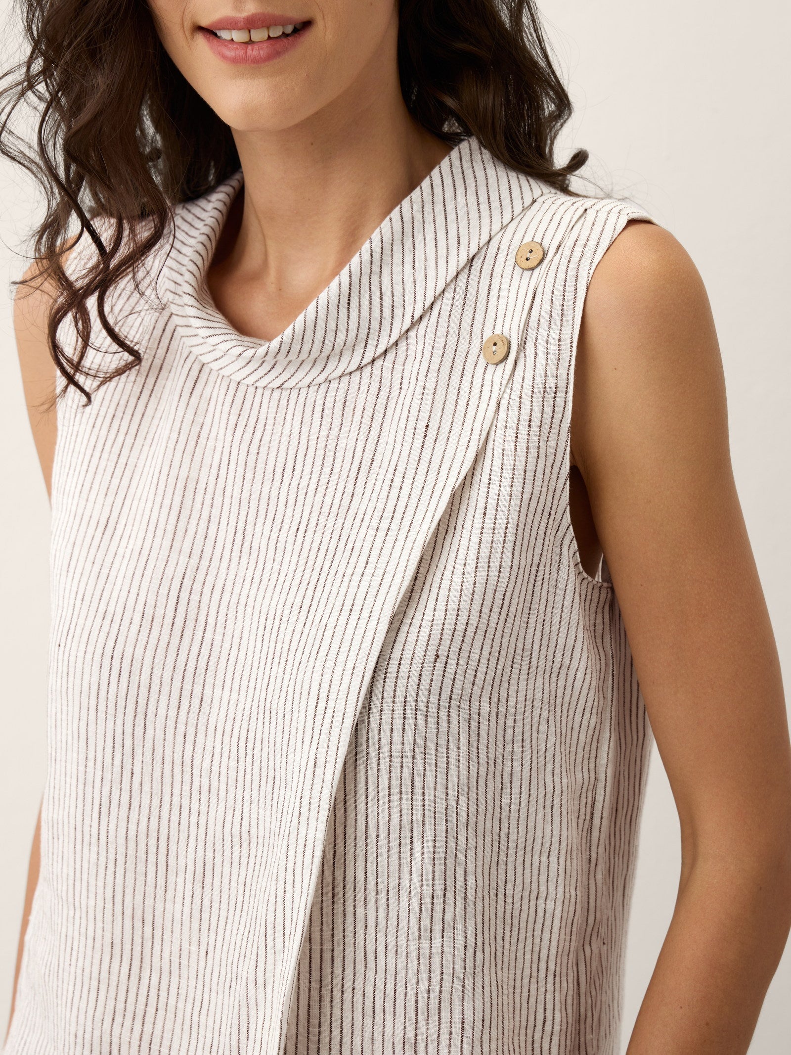100% Linen Striped Diagonal Pleat Mock Neck Top ESTHER by LINTICO