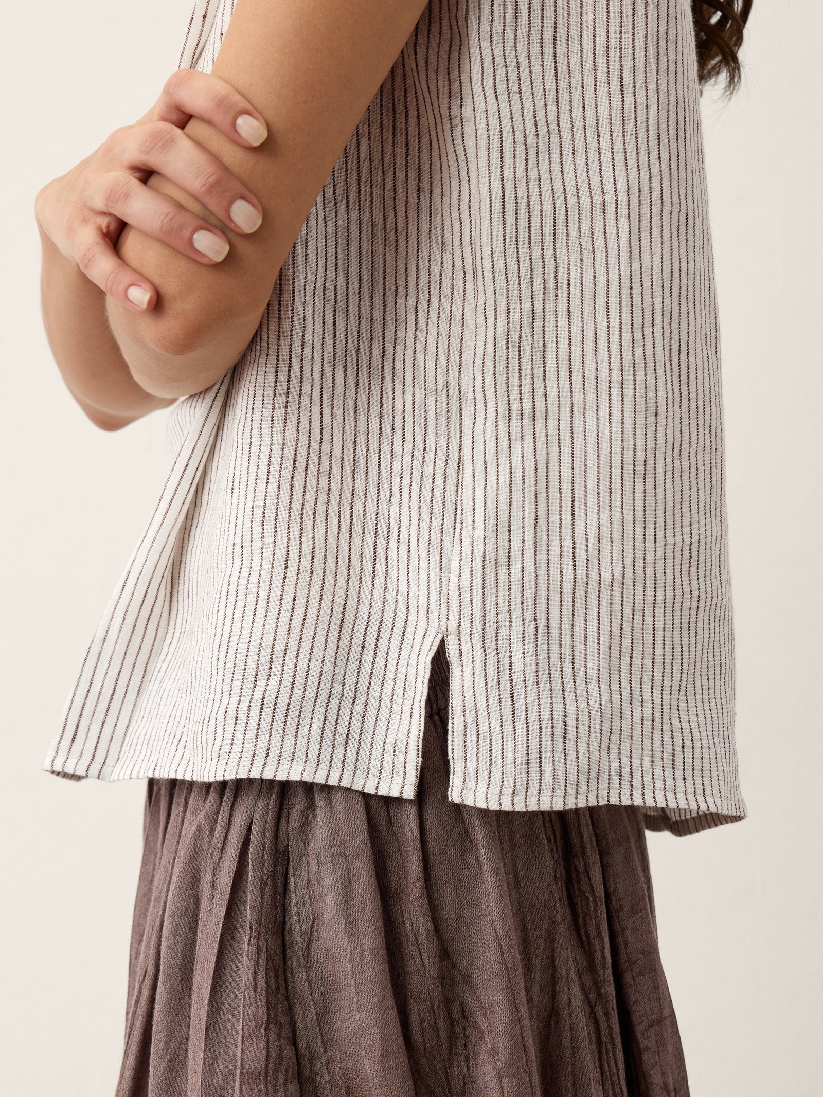 100% Linen Striped Diagonal Pleat Mock Neck Top ESTHER by LINTICO