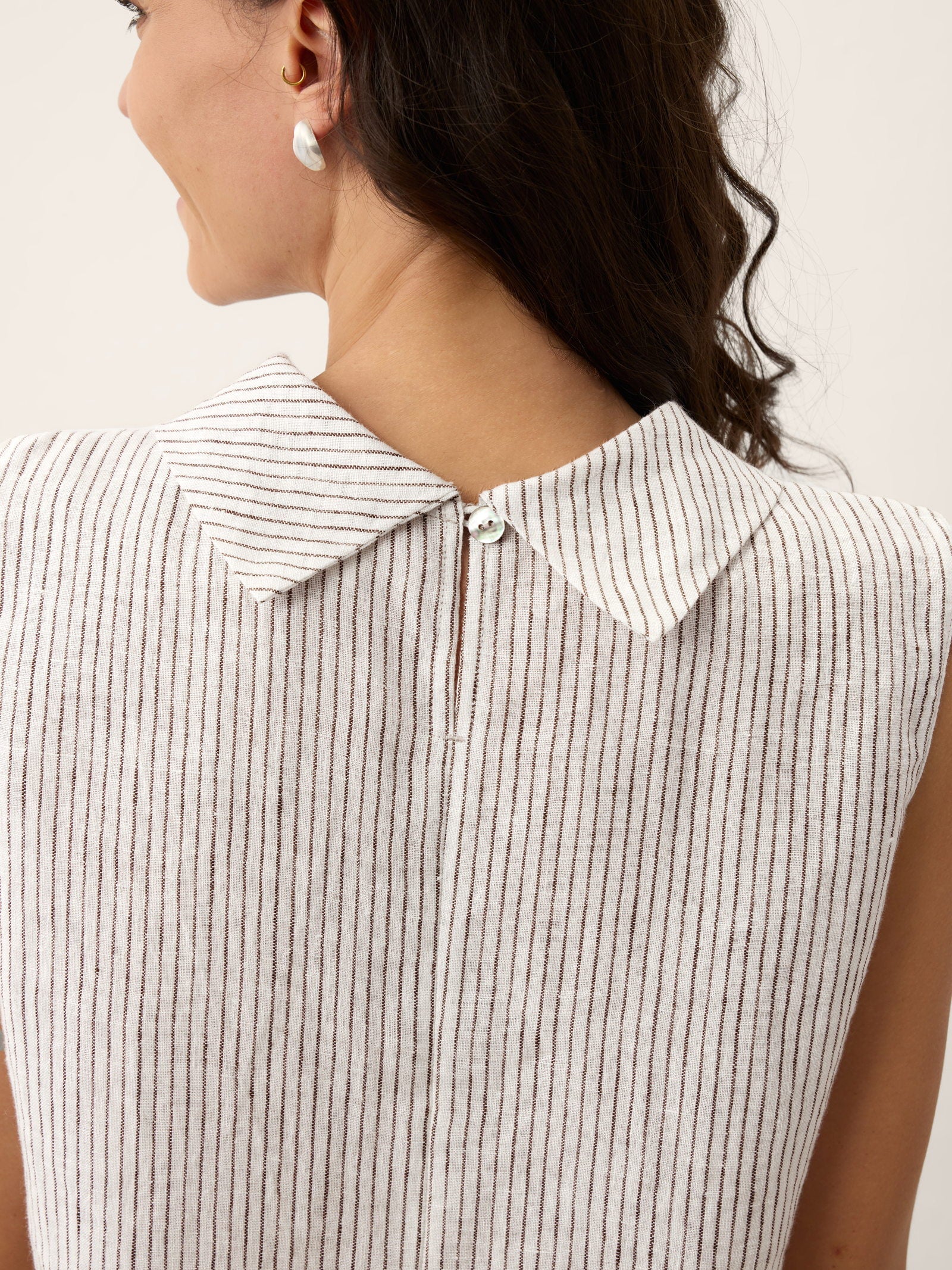 100% Linen Striped Diagonal Pleat Mock Neck Top ESTHER by LINTICO
