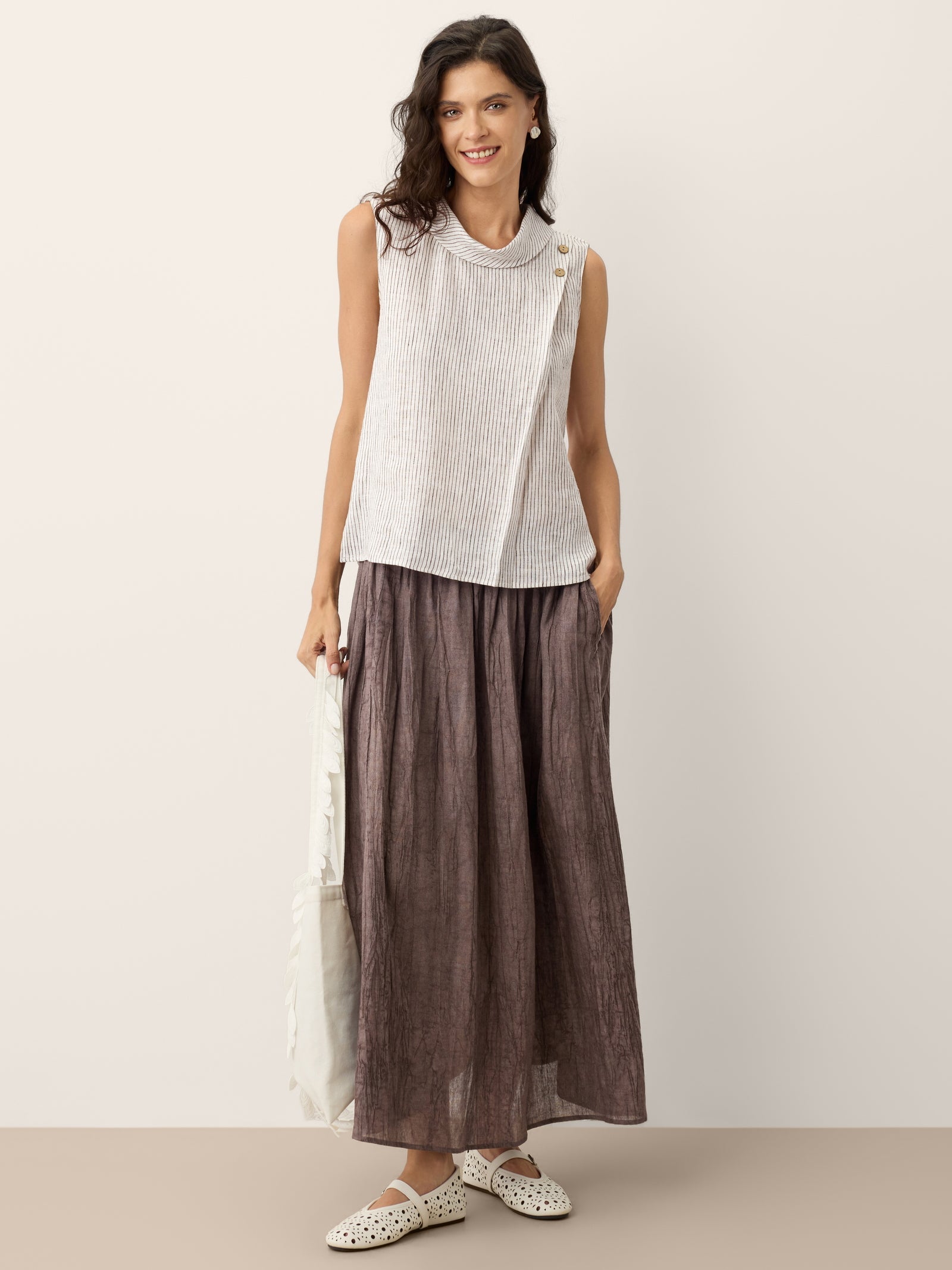 100% Linen Striped Diagonal Pleat Mock Neck Top ESTHER by LINTICO