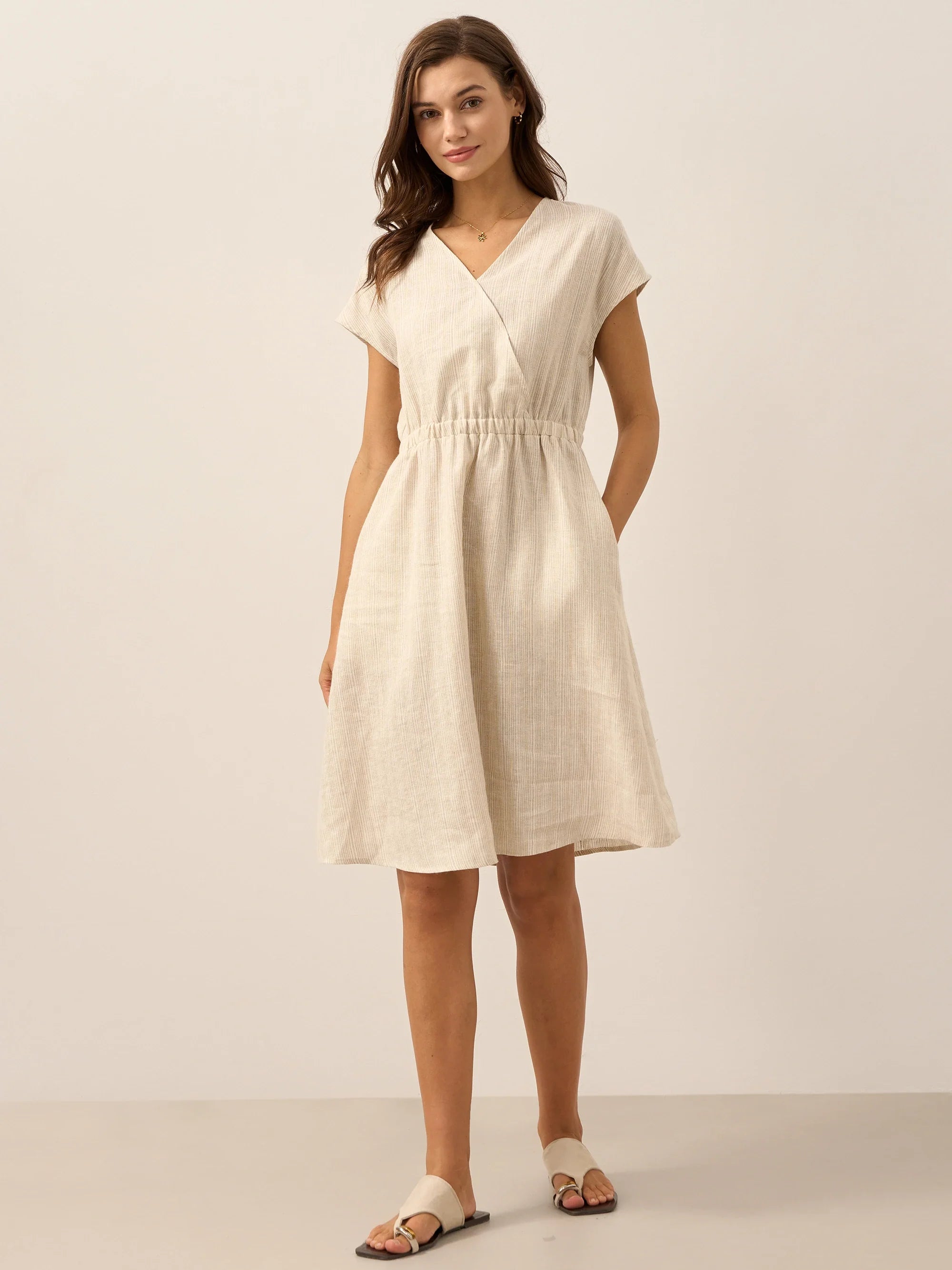 100% Linen Striped Elastic-Waist Mini Dress ARIA by LINTICO