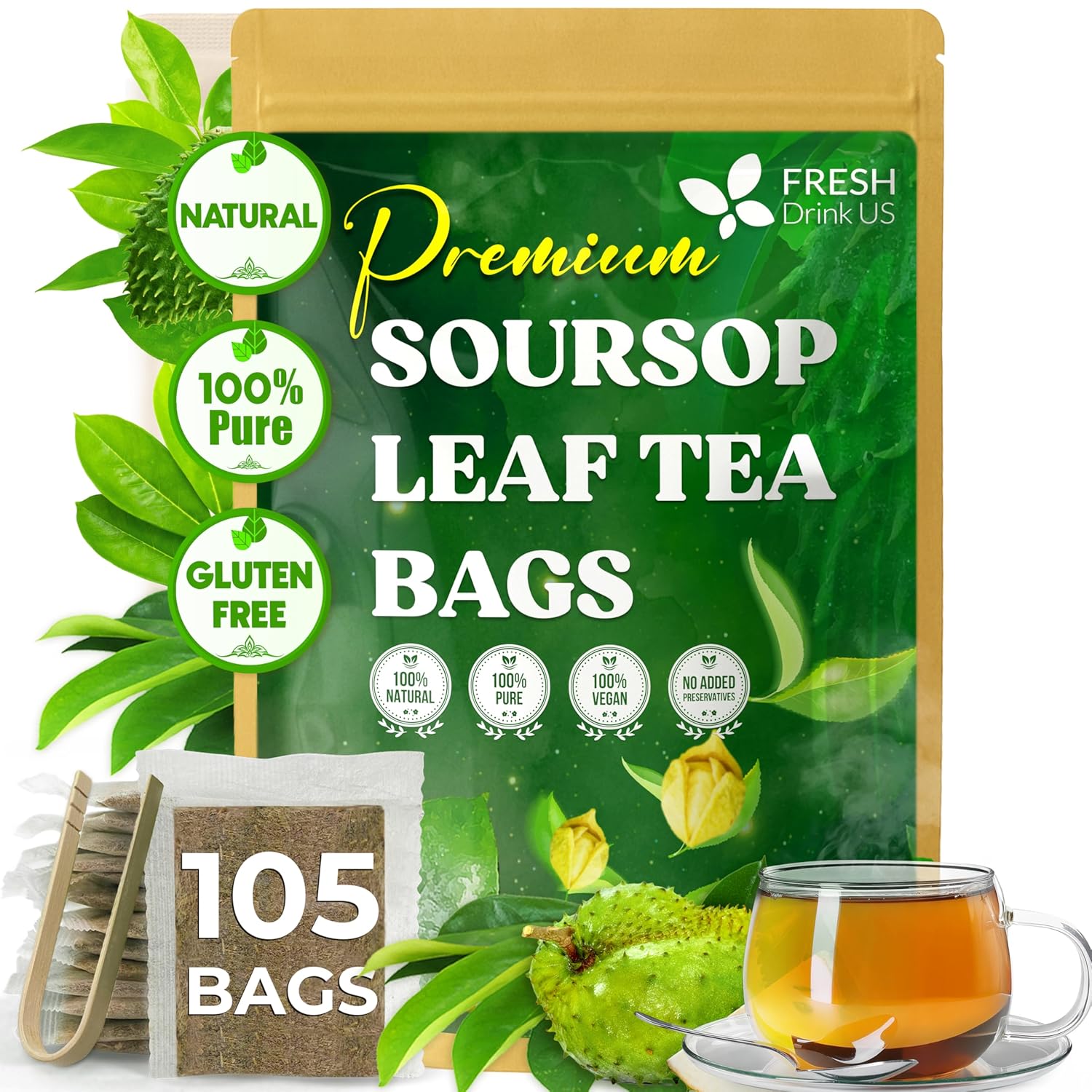 40 Premium Soursop Graviola Leaf Tea Bags, 100% Natural and Pure from Soursop Leaves, Handmade, Made With Natural Materials-Corn Fiber Tea Bag, Sugar/Caffeine/Gluten Free, Hoja Guanabana Tea by FreshDrinkUS - Natural and Premium Herbal Tea