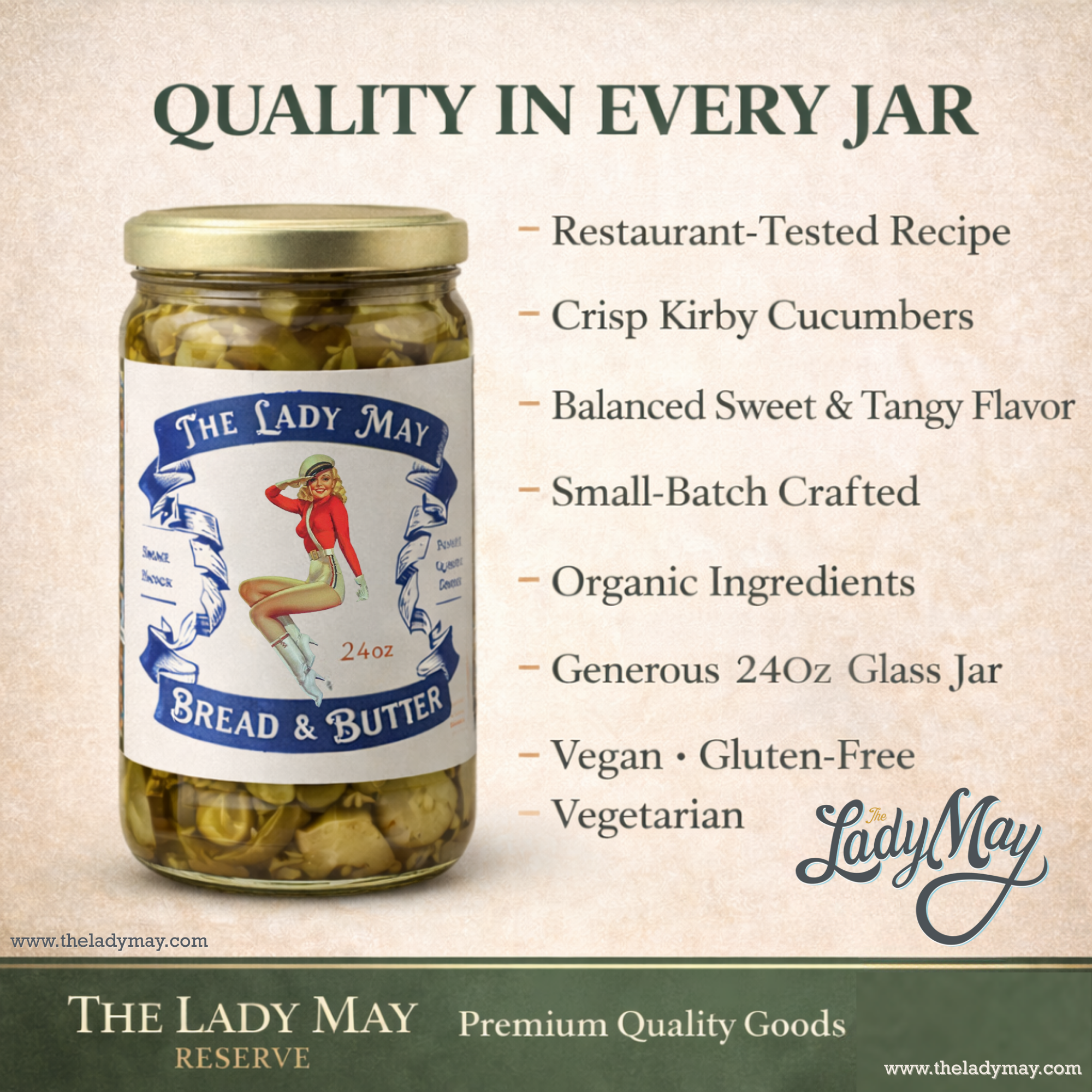 Lady May’s Bread & Butter Sweet Pickles – 2 Pack (24oz Jars) – Small Batch Southern Style Sweet & Tangy Kirby Cucumber Slices – Restaurant Recipe, Crisp & Crunchy – Organic Ingredients by The Lady May