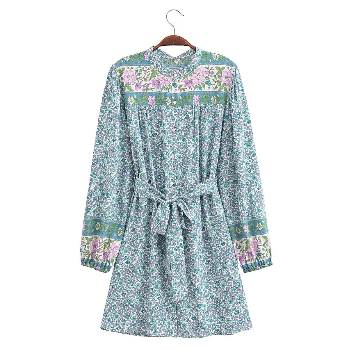 Spring Women Positioning Floral Single Breasted Dress with Belt Long Sleeve Mid Length Dress