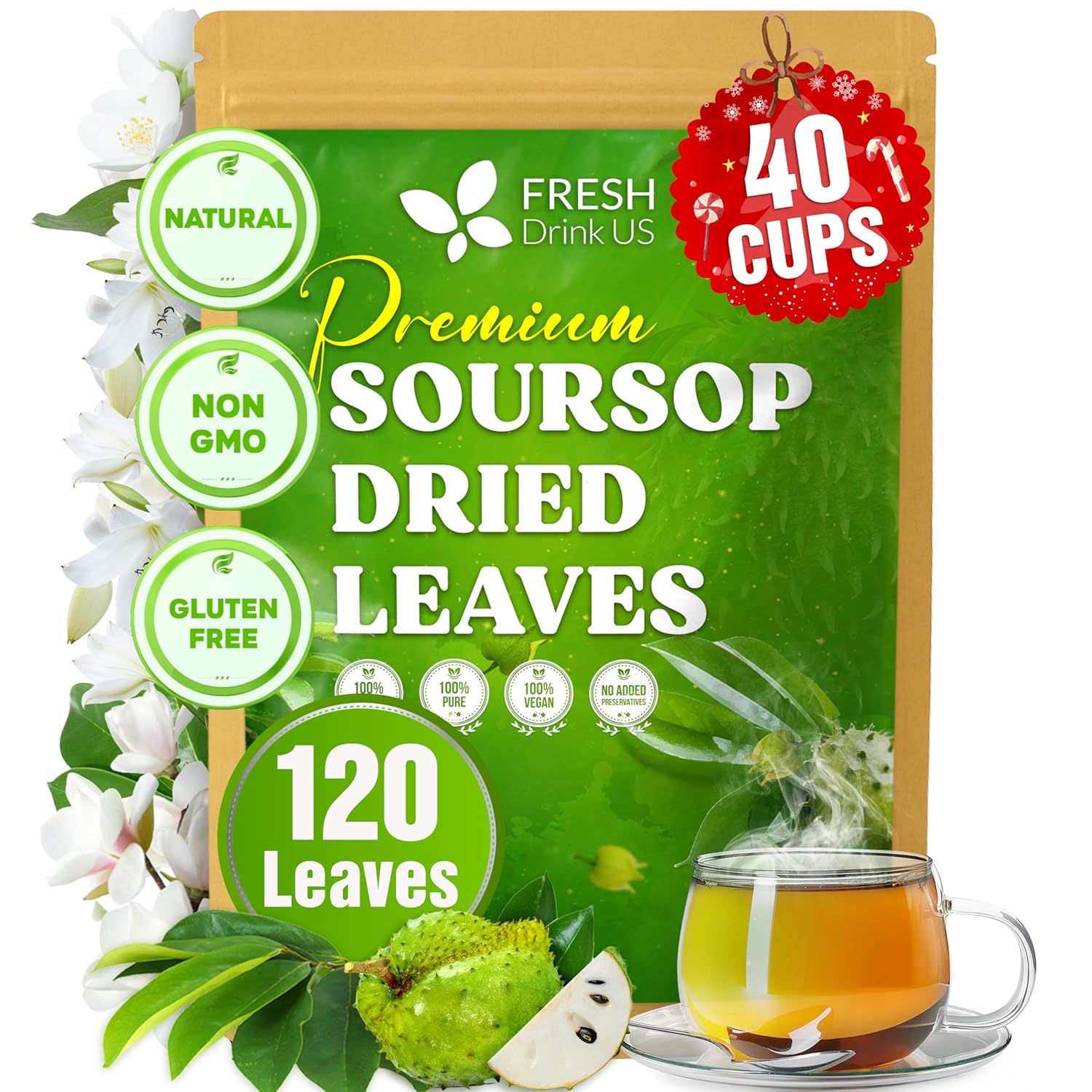 40 Premium Soursop Graviola Leaf Tea Bags, 100% Natural and Pure from Soursop Leaves, Handmade, Made With Natural Materials-Corn Fiber Tea Bag, Sugar/Caffeine/Gluten Free, Hoja Guanabana Tea by FreshDrinkUS - Natural and Premium Herbal Tea