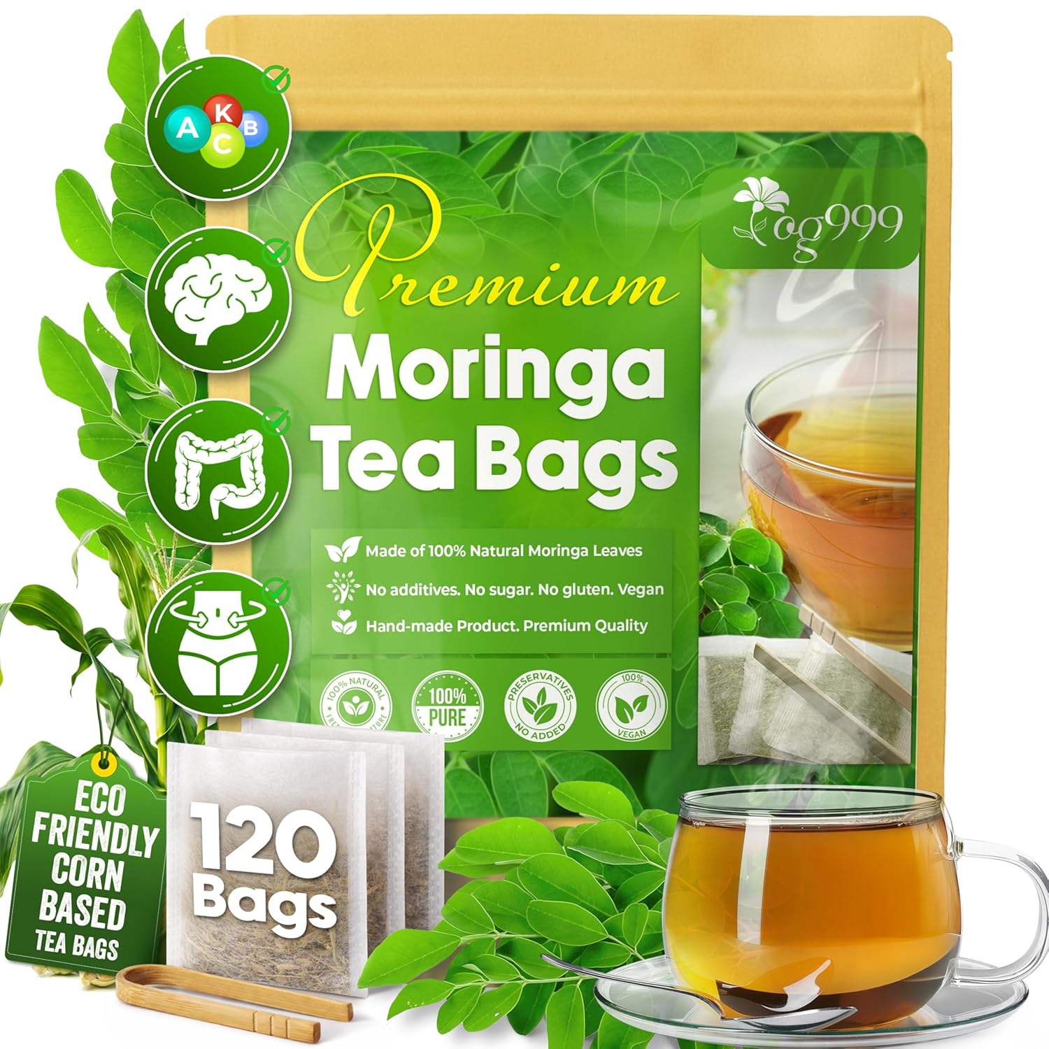 Moringa Leaf Tea Bags, 100% Natural & Pure from Moringa Leaves. Loose Leaf Moringa Herbal Tea. Moringa Leaf Tea. No Sugar, No Caffeine, No Gluten, Vegan by FreshDrinkUS - Natural and Premium Herbal Tea