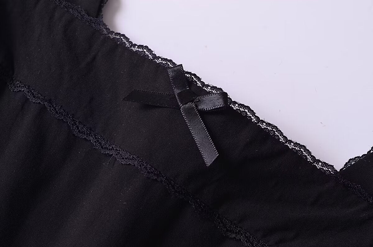 French Retro Lace Bowknot Decoration Square Collar Vest Dress Cami Dress Summer Slim Fit A Line Dress Women by Ragazza