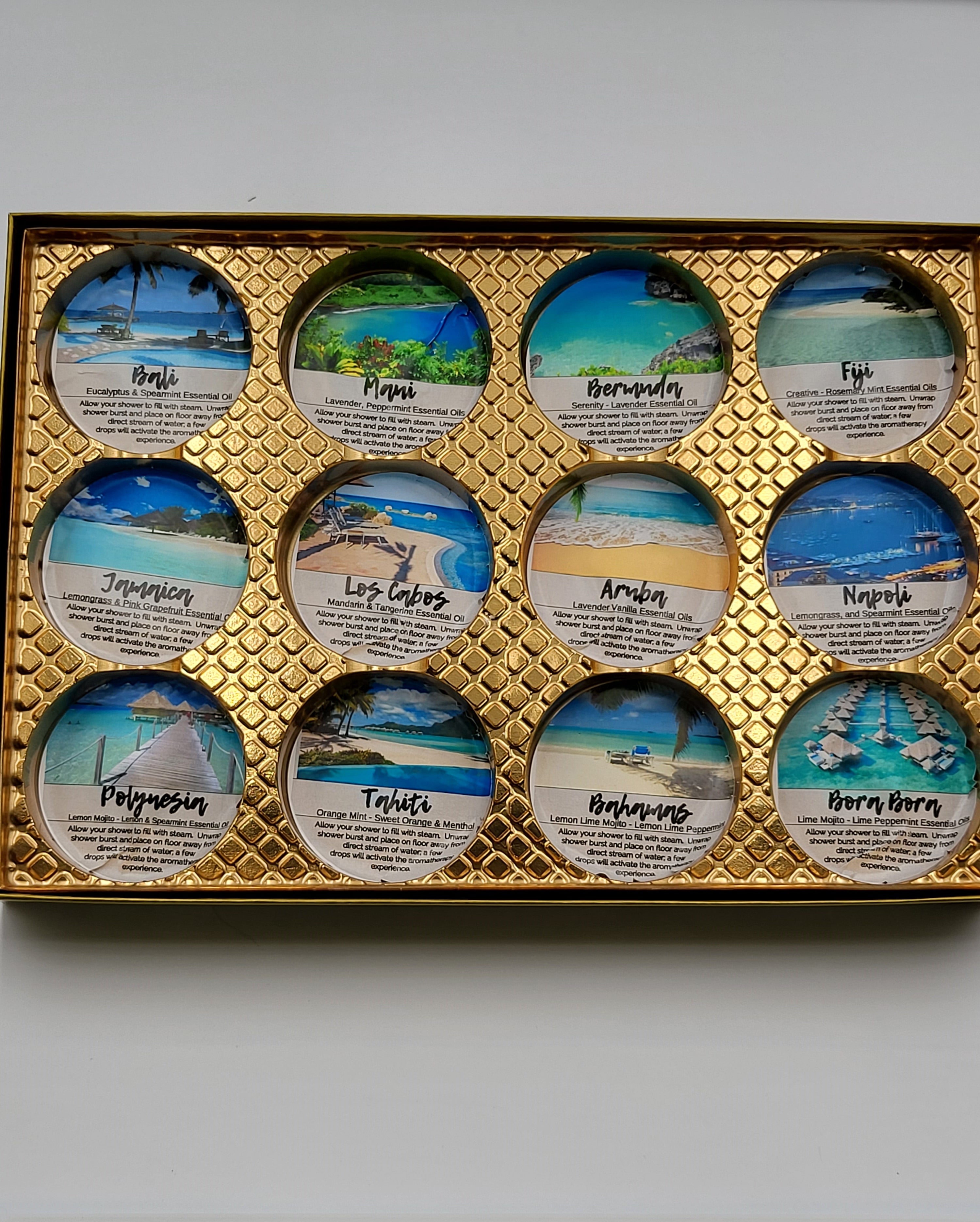 Destination Shower Steamers Gift Set with 12 Aromatherapy Shower Bombs - 100% Essential Oil Blends - fun - summery scents by Spa Pure