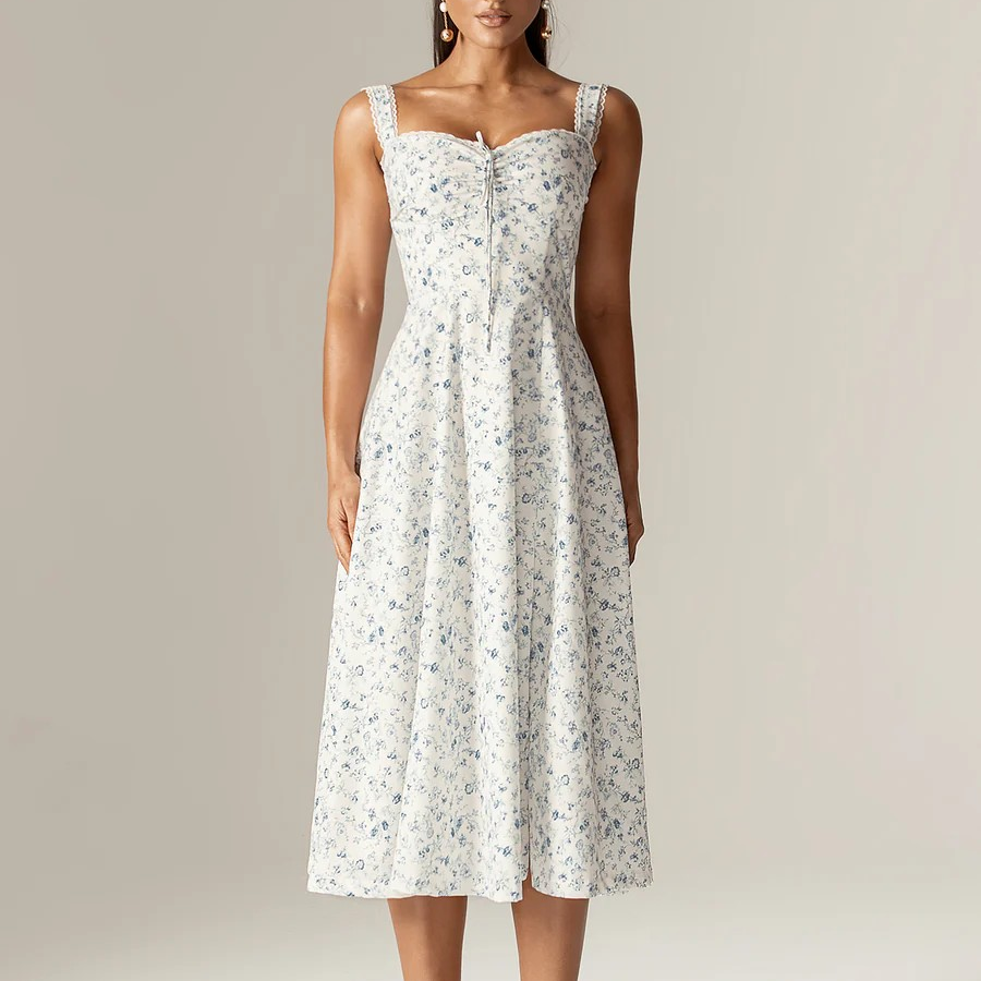 Spring Floral Print Lace Trim High Waist Slim Mid Length Sling Dress by Ragazza