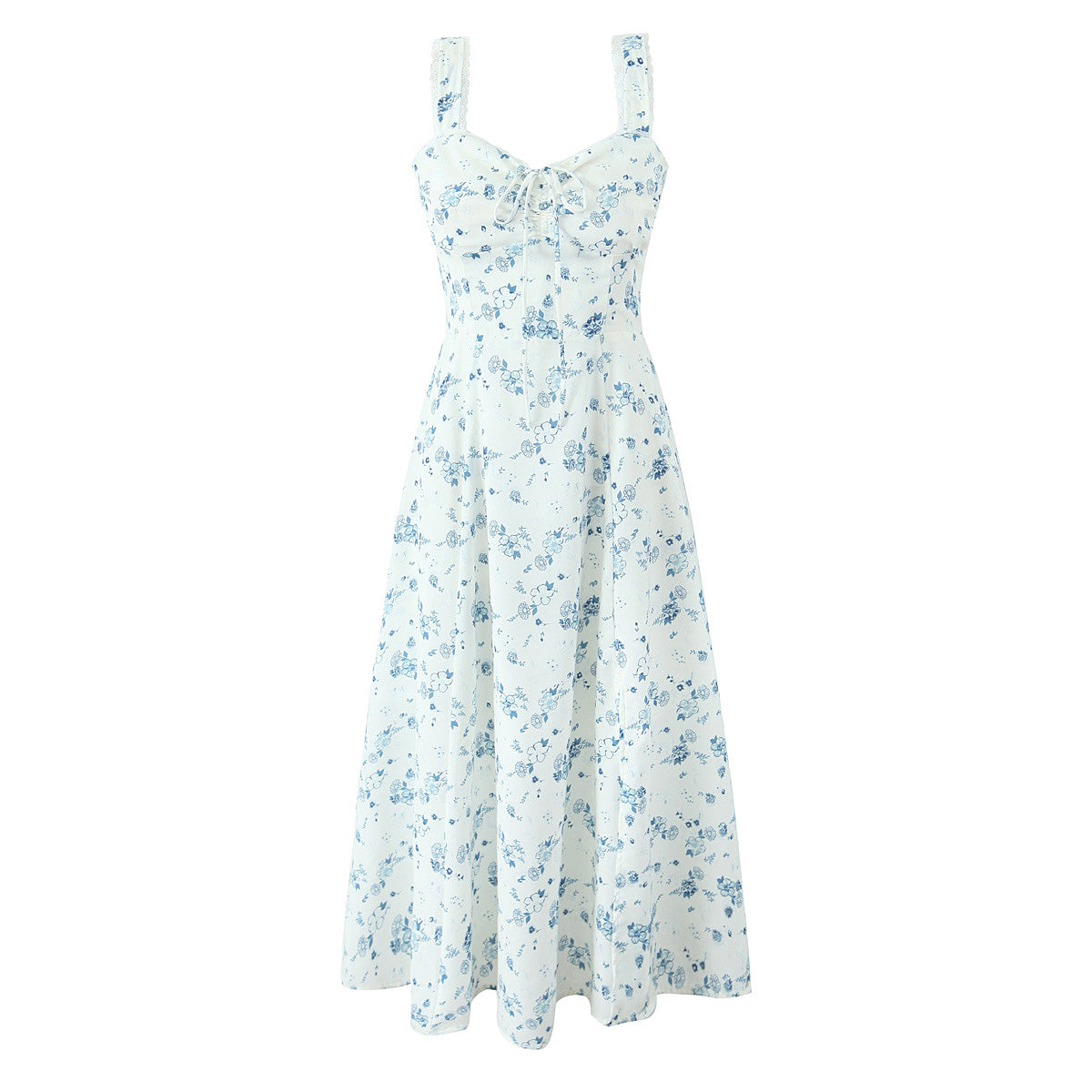Spring Floral Print Lace Trim High Waist Slim Mid Length Sling Dress by Ragazza