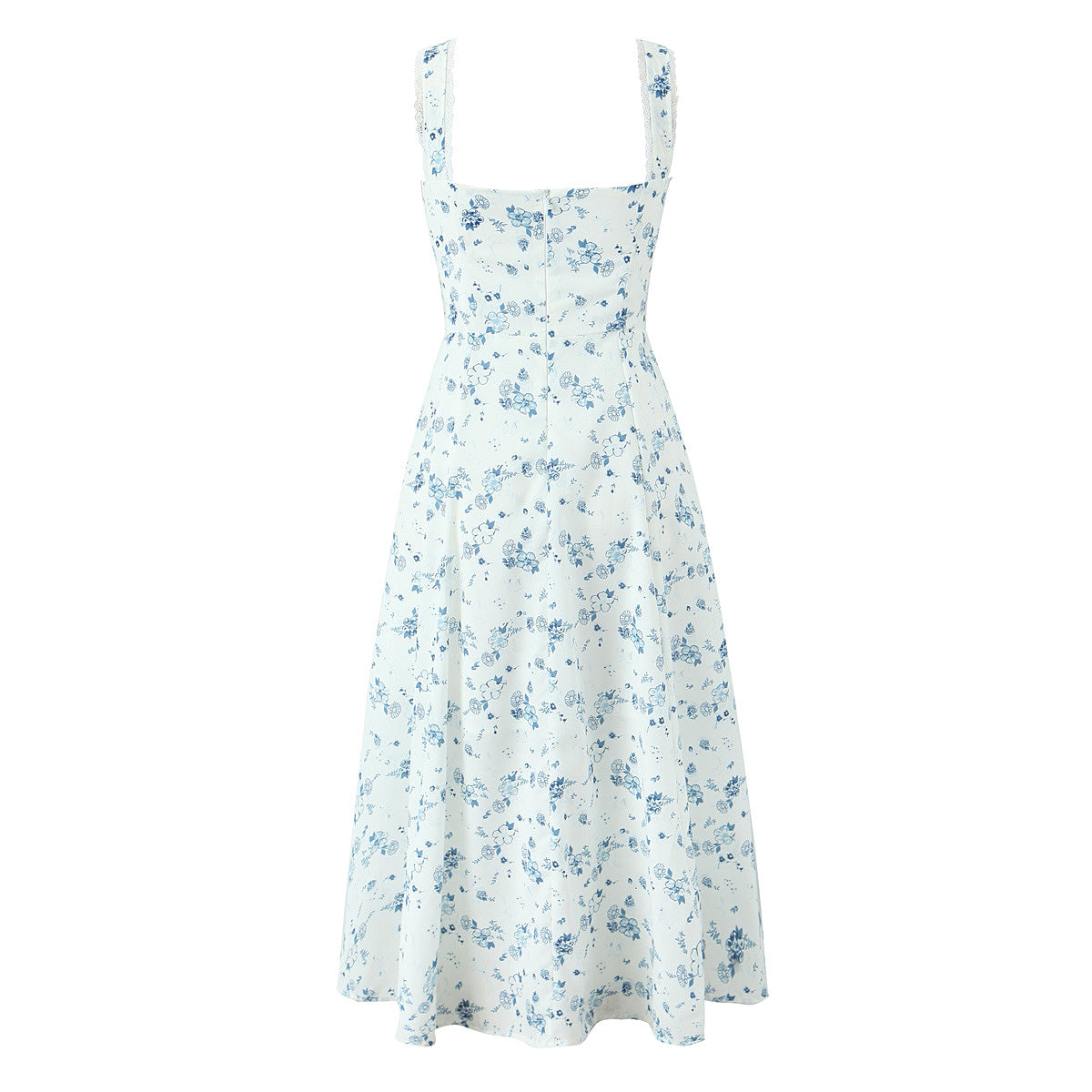 Spring Floral Print Lace Trim High Waist Slim Mid Length Sling Dress by Ragazza