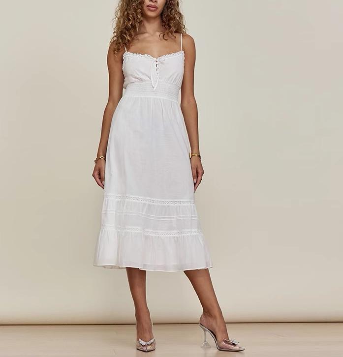 Spring Vintage Sexy Elastic Waisted Slimming Lace Fairy Spaghetti Strap Dress by Ragazza