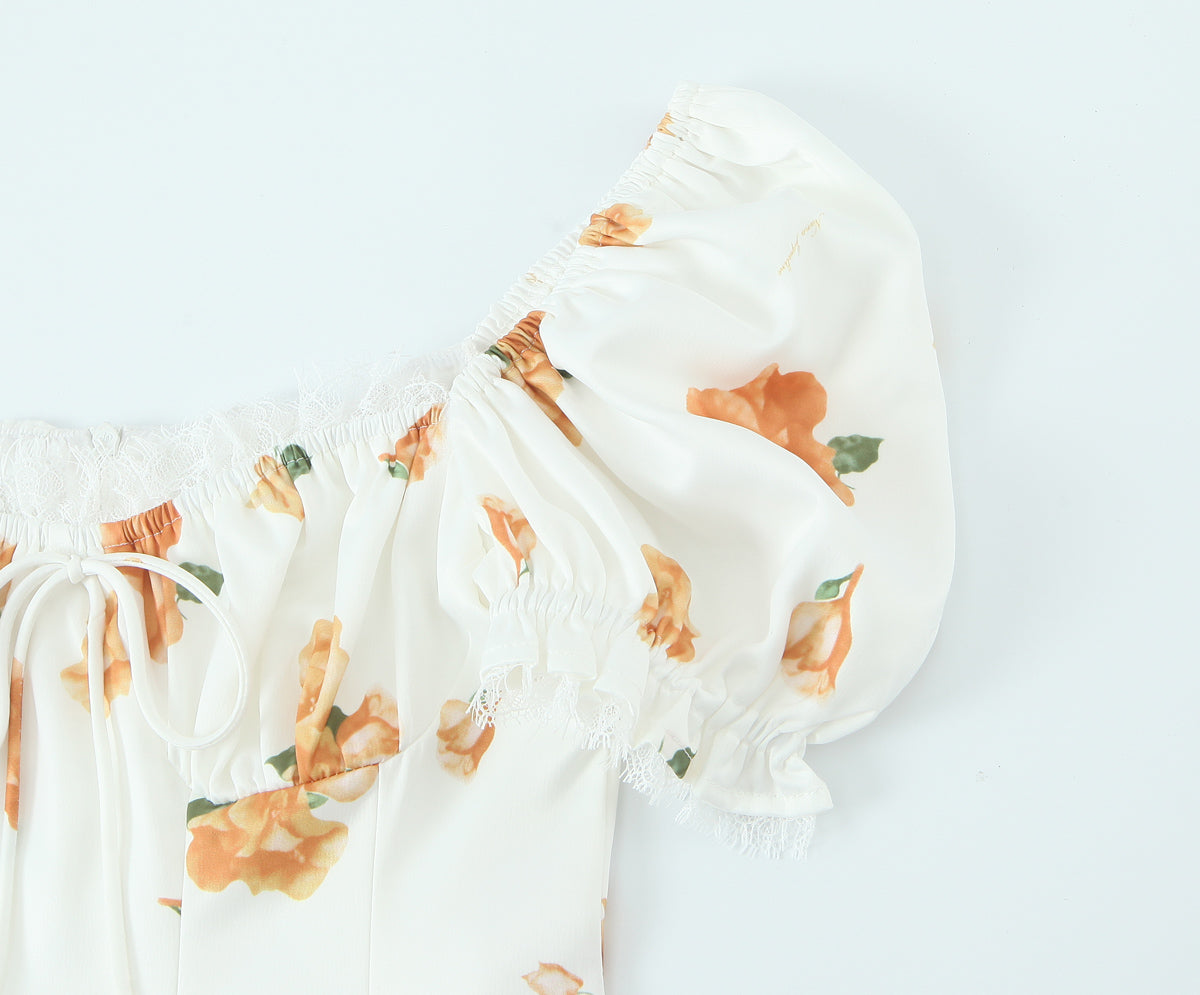 French Sweet Printed Design Puff Sleeve Tube Top Lace Stitching Tied A line Dress Short for Women by Ragazza