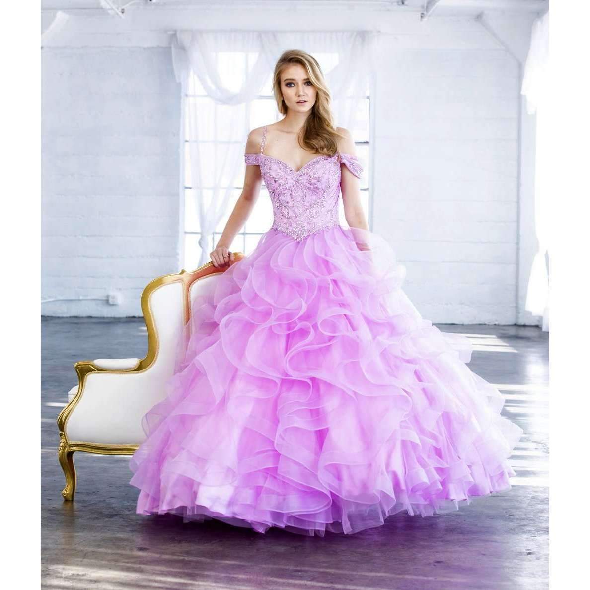 Juliet 1421 Cinderella Ball Gown Ruffled Tulle Cold Shoulder Embroidered Bodice by DiscountDressShop