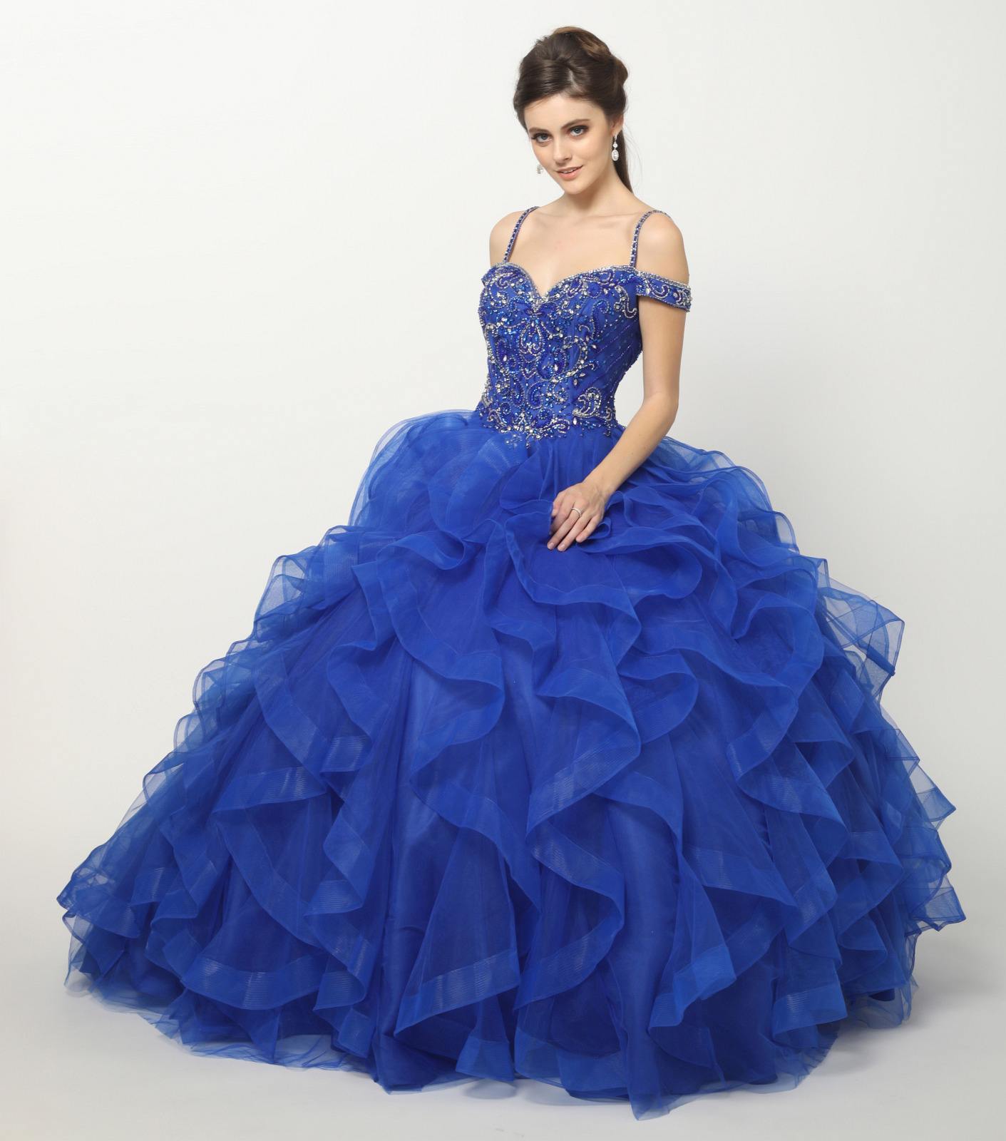 Juliet 1421 Cinderella Ball Gown Ruffled Tulle Cold Shoulder Embroidered Bodice by DiscountDressShop